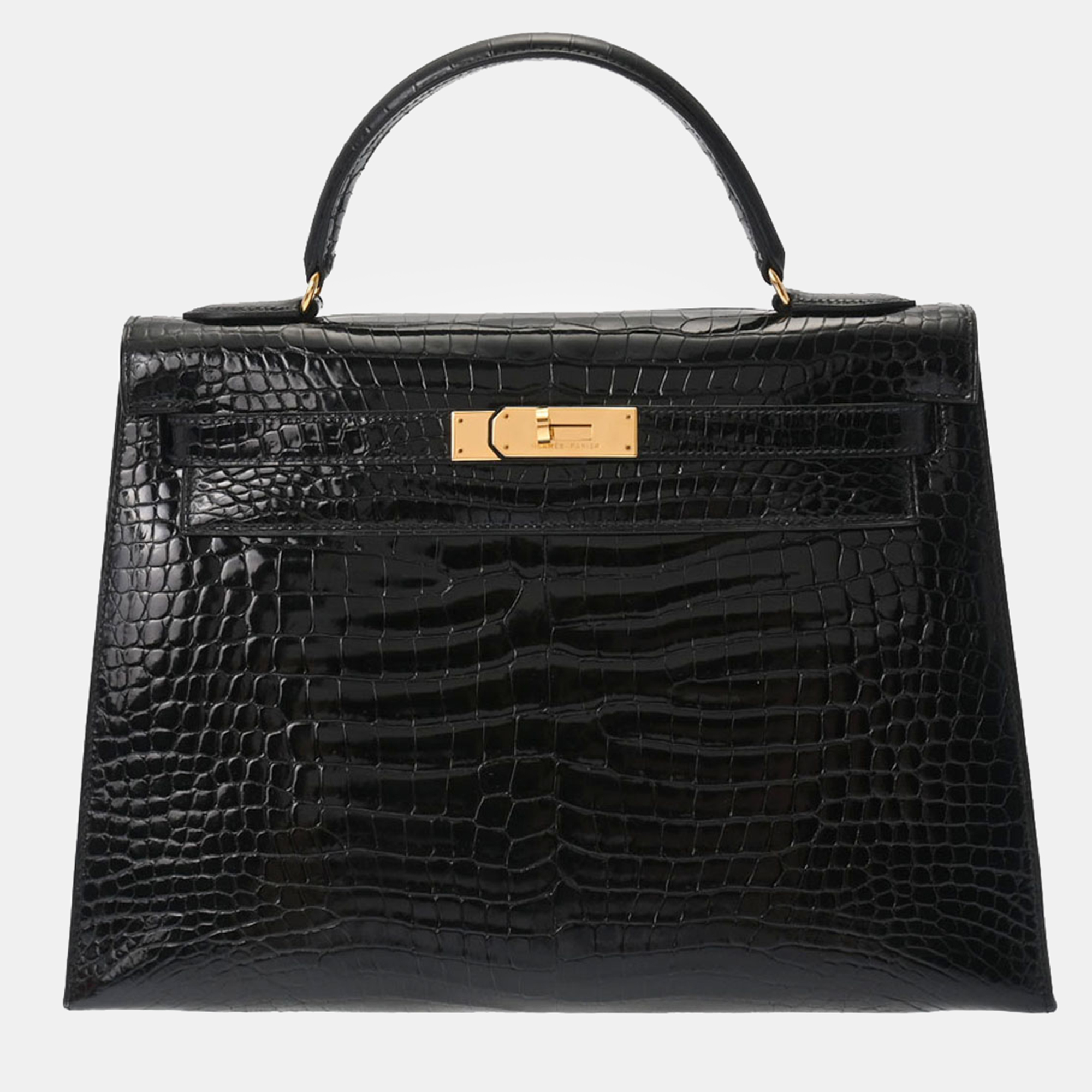 

Hermes Black Shiny Porosus Crocodile Kelly Sellier bag