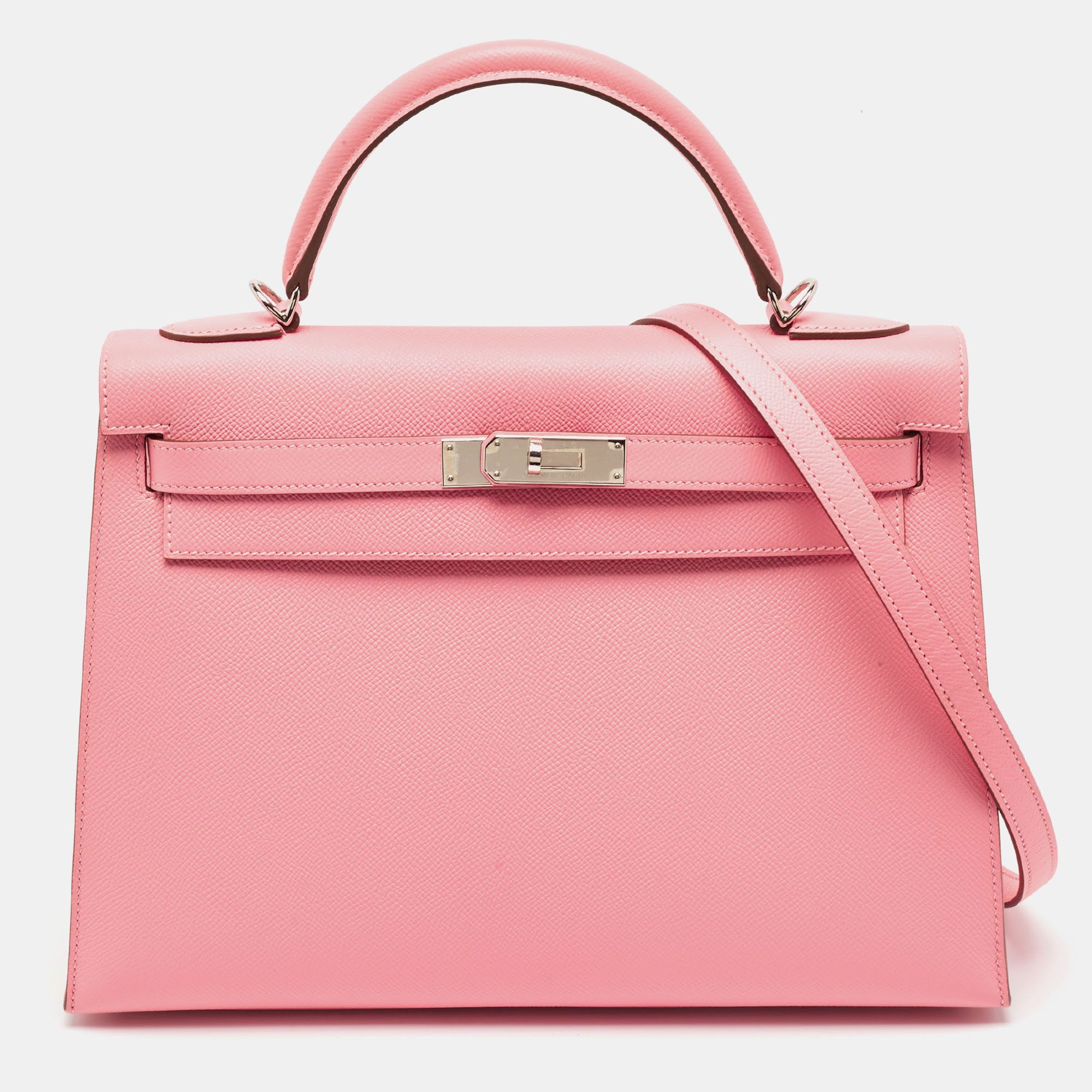 Pre Owned Hermes Rose Confetti Epsom Leather Palladium Finish Kelly Sellier 32 Bag