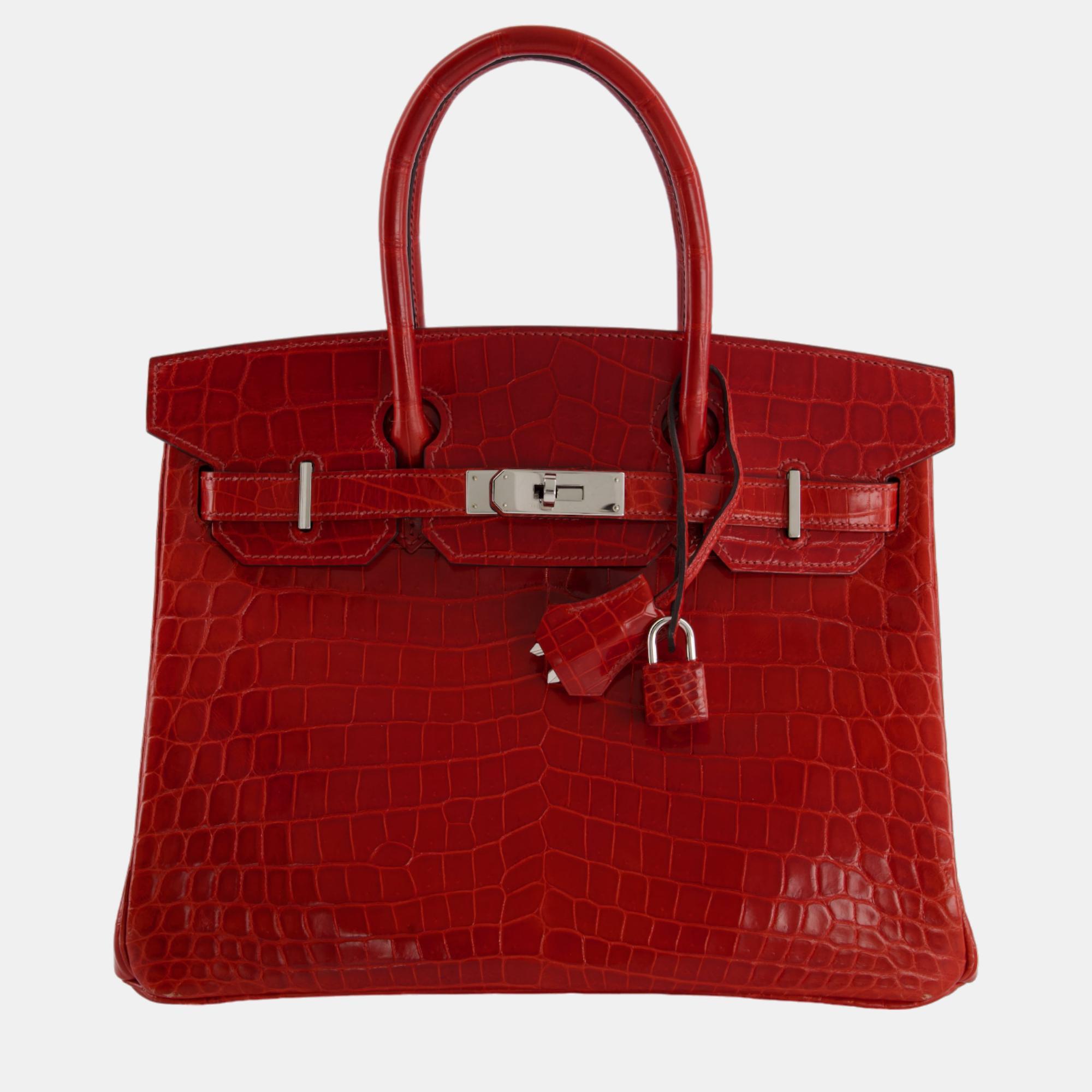 Pre-owned Hermes Braise Shiny Niloticus With Palladium Hardware Birkin Bag In Red