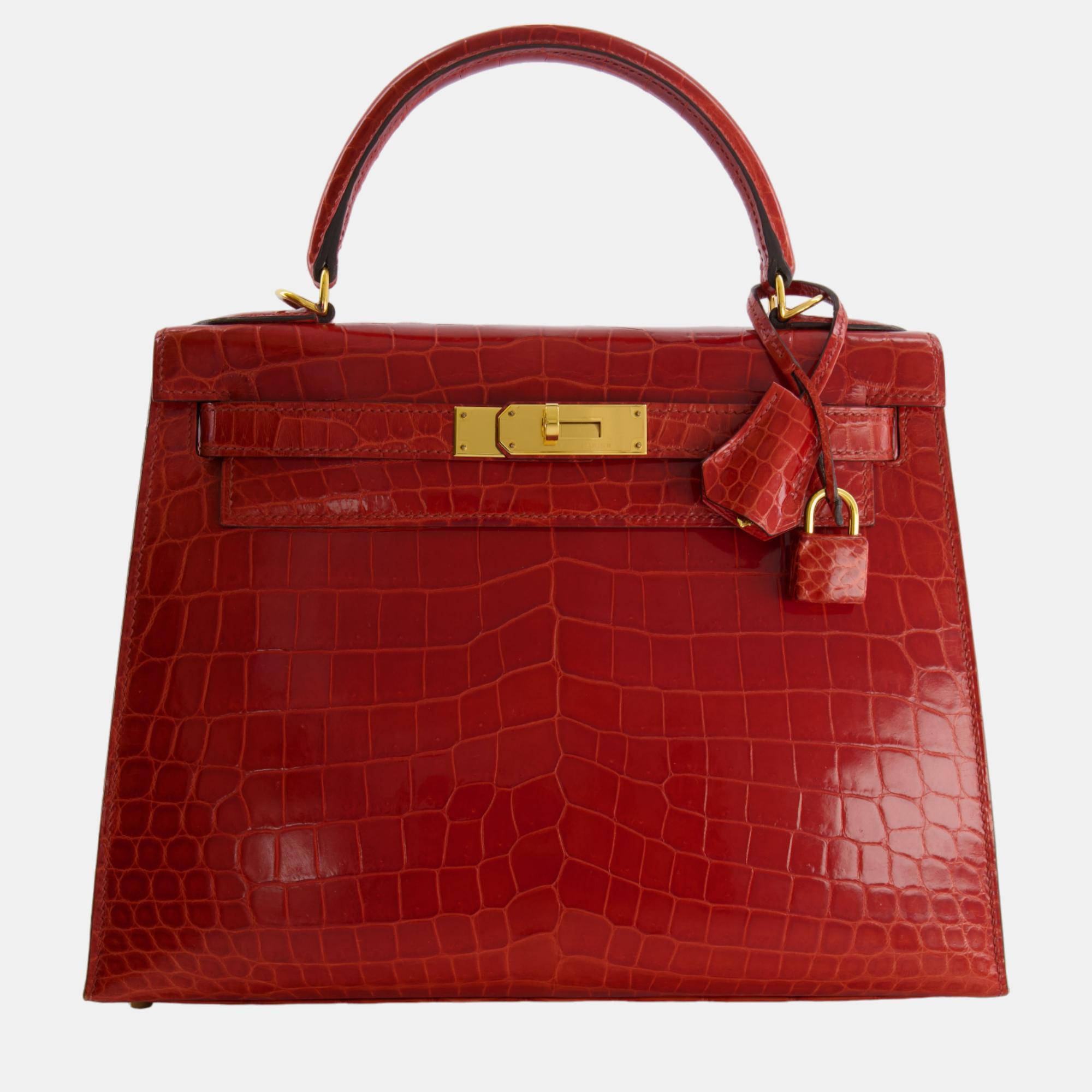Pre-owned Hermes Kelly Bag 28cm In Sanguine Crocodile Niloticus Leather With Gold Hardware In Red