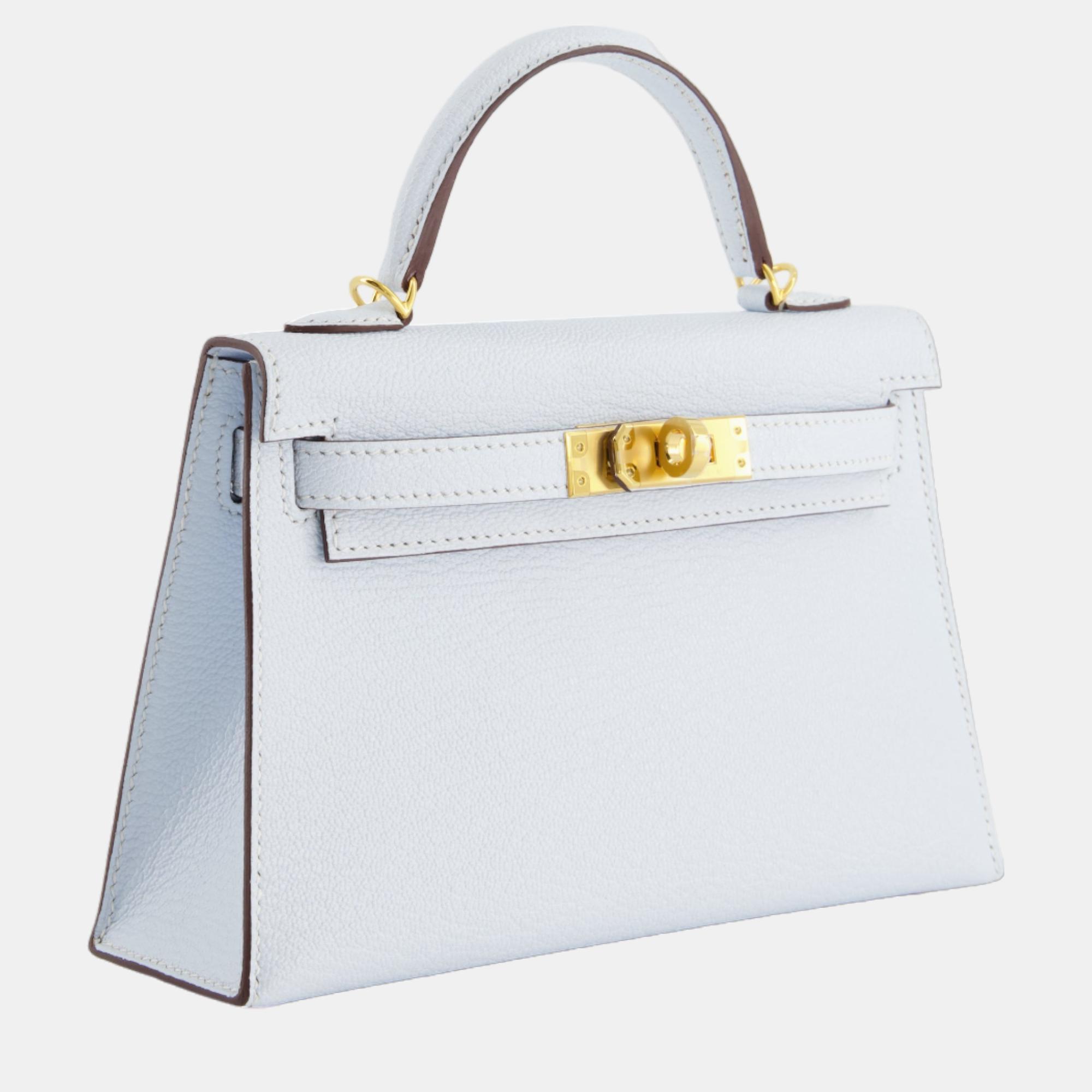 

Hermes Mini Kelly Bag II  in Bleu Brume Chevre Leather with Gold Hardware, Blue