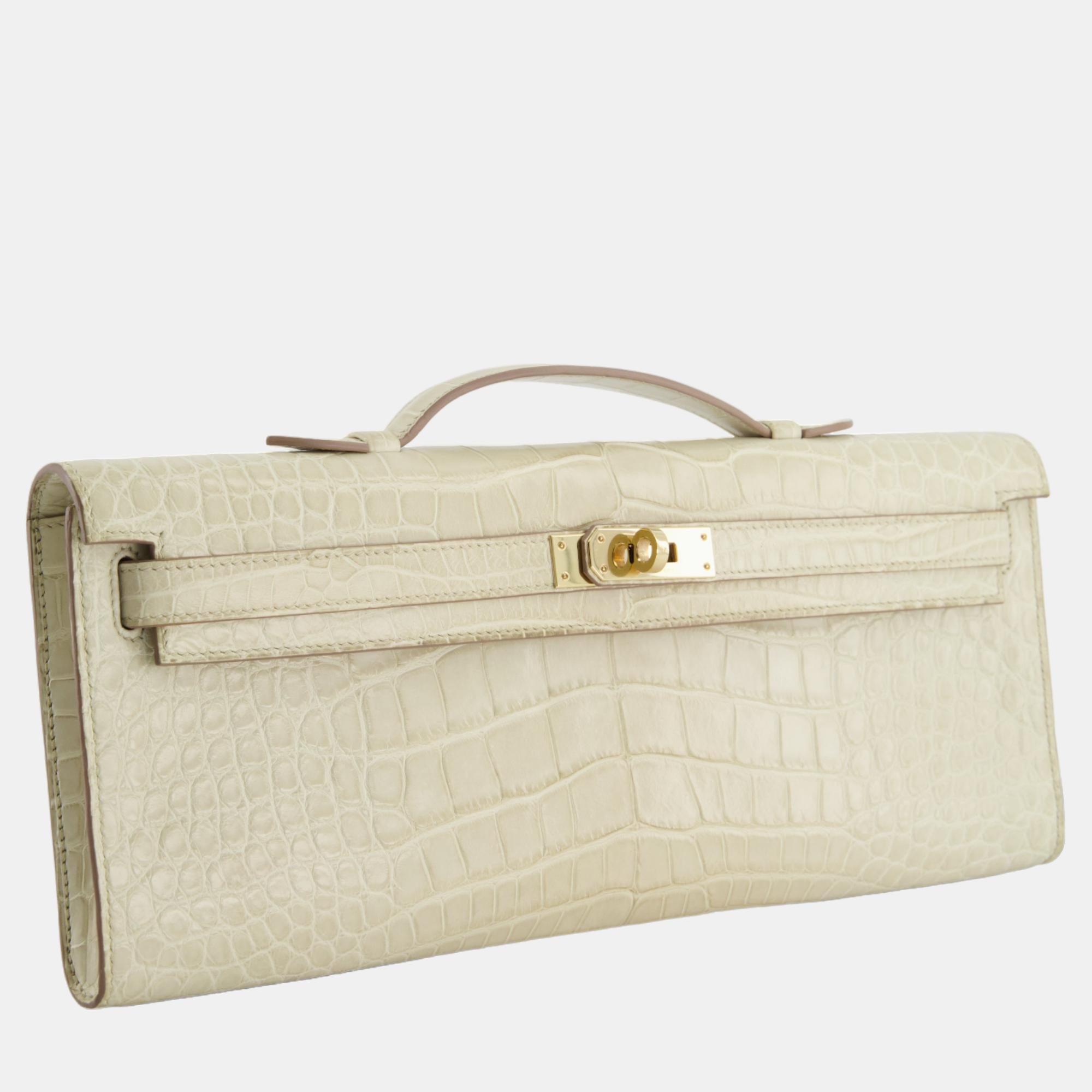 

Hermes Kelly Cut Bag in Beton Alligator Mississippiensis Leather with Gold Hardware, Cream