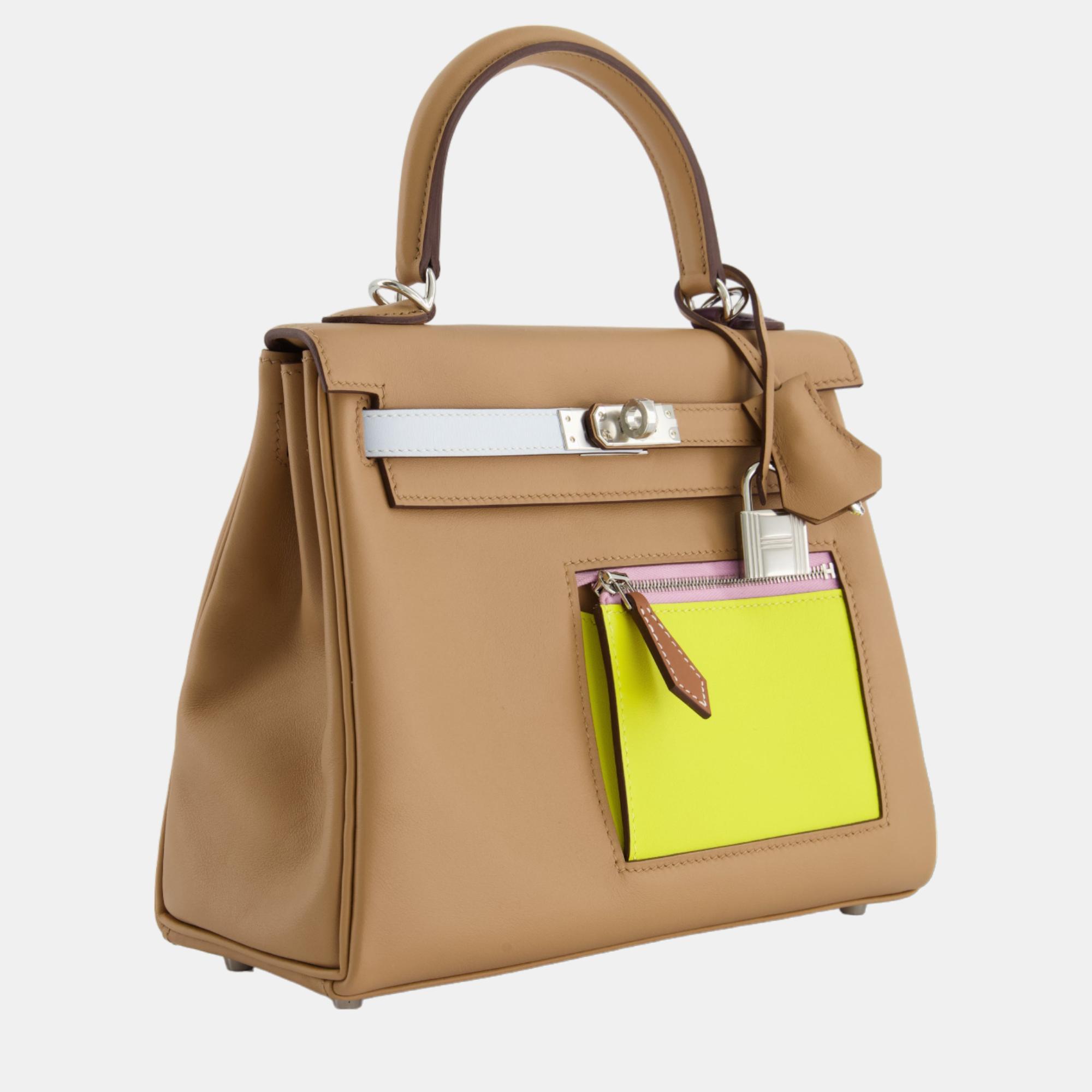 

Hermes Kelly  Colormatic Chai, Lime, Blue Brume, Nata and Mauve Sylvestre in Swift Leather Palladium Hardware, Multicolor