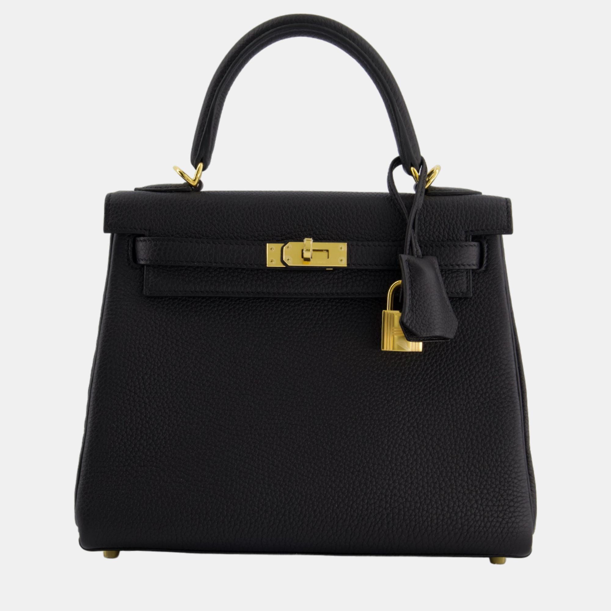 Pre-owned Hermes Kelly Bag 25cm Retourne In Black Togo Leather And Gold Hardware