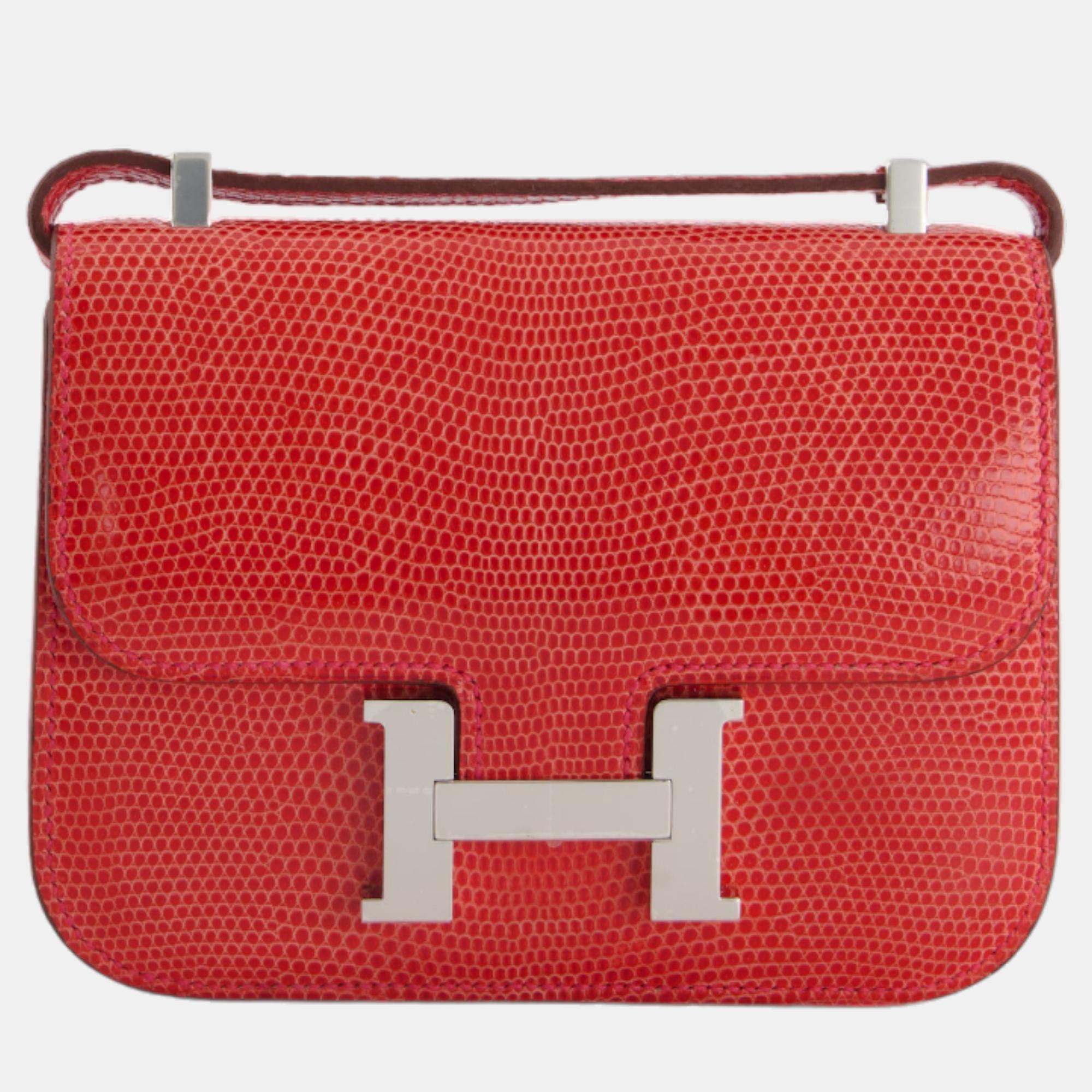 Pre-owned Hermes Micro Constance Bag 13cm In Rouge Lizard With Palladium Hardware In Red