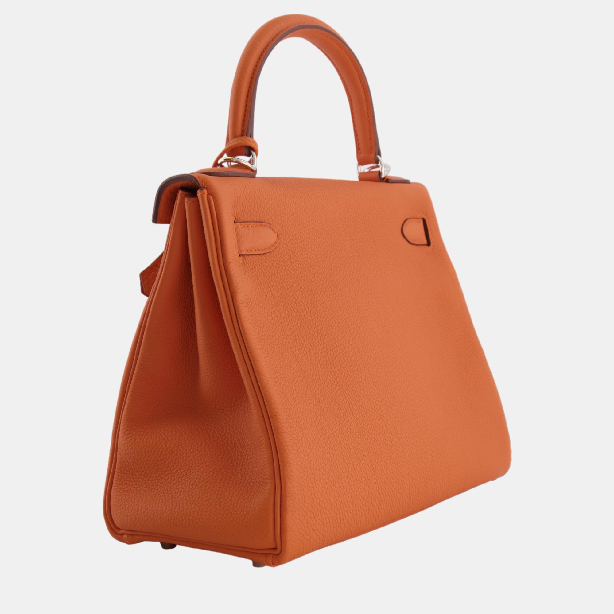 

Hermes Kelly Retourne  Bag in Orange Togo Leather with Palladium Hardware