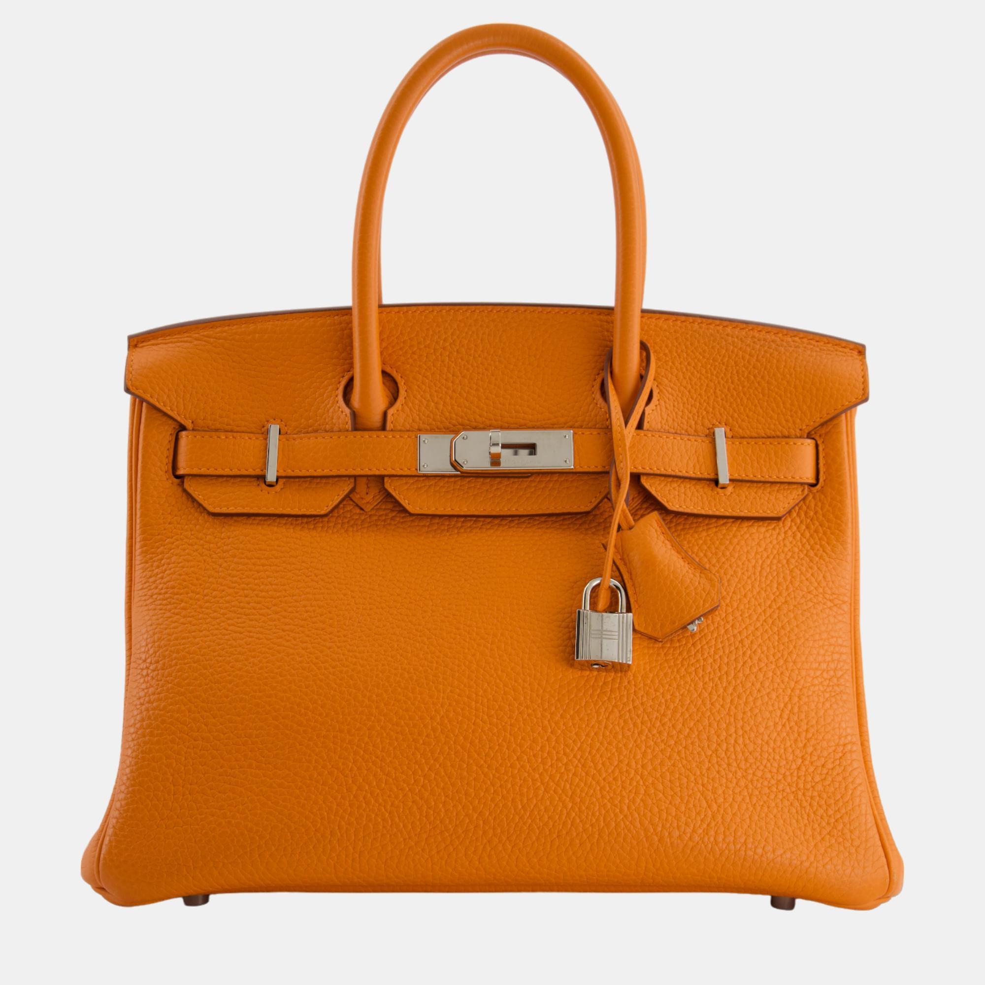 Pre-owned Hermes Birkin Retourne Bag 30cm Orange In Clemence Leather With Palladium Hardware
