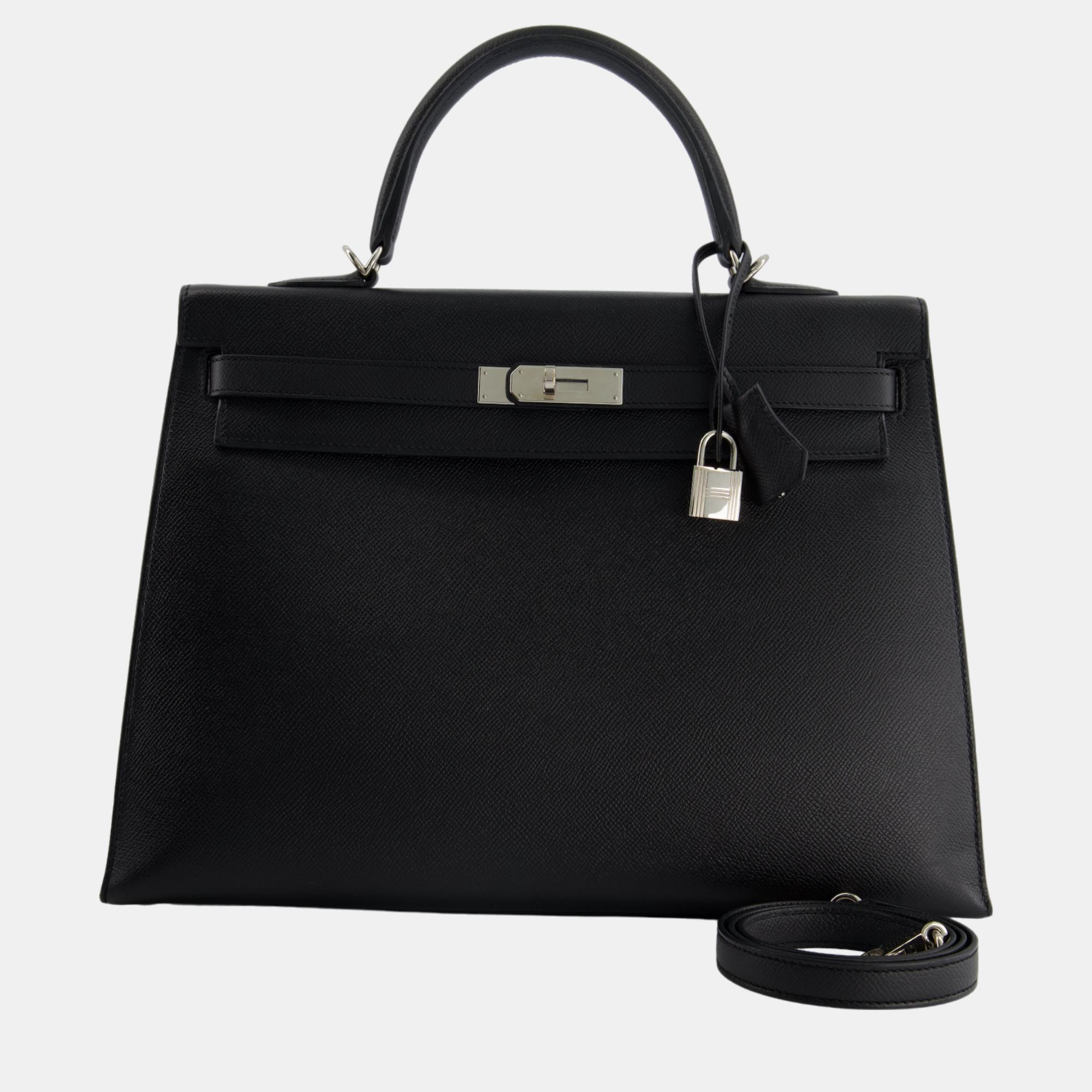 Pre-owned Hermes Black Kelly 35cm In Epsom Leather With Palladium Hardware