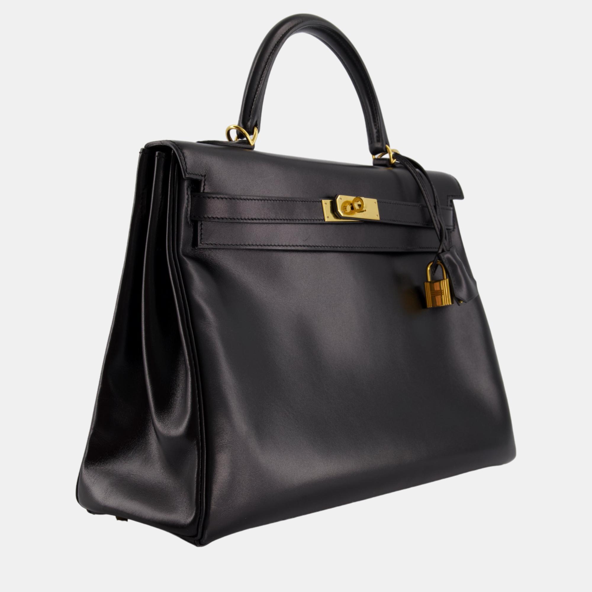 

Hermes Black Kelly  in Box Leather with Gold Hardware