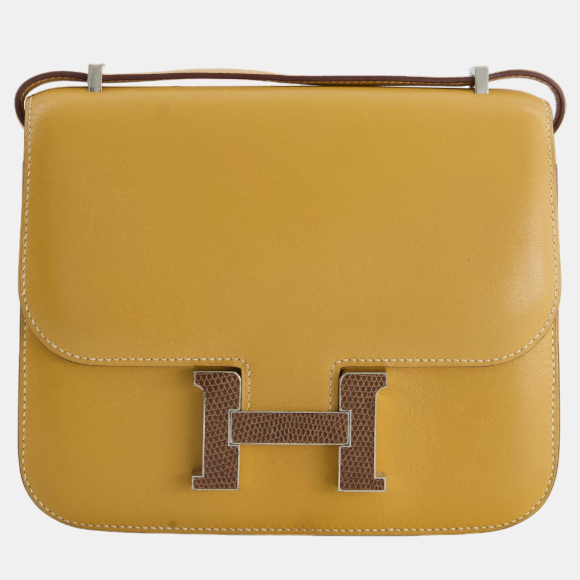 Pre-owned Hermes Mini Constance Bag 18cm In Paille Swift Leather With Palladium And Lizard Hardware In Brown