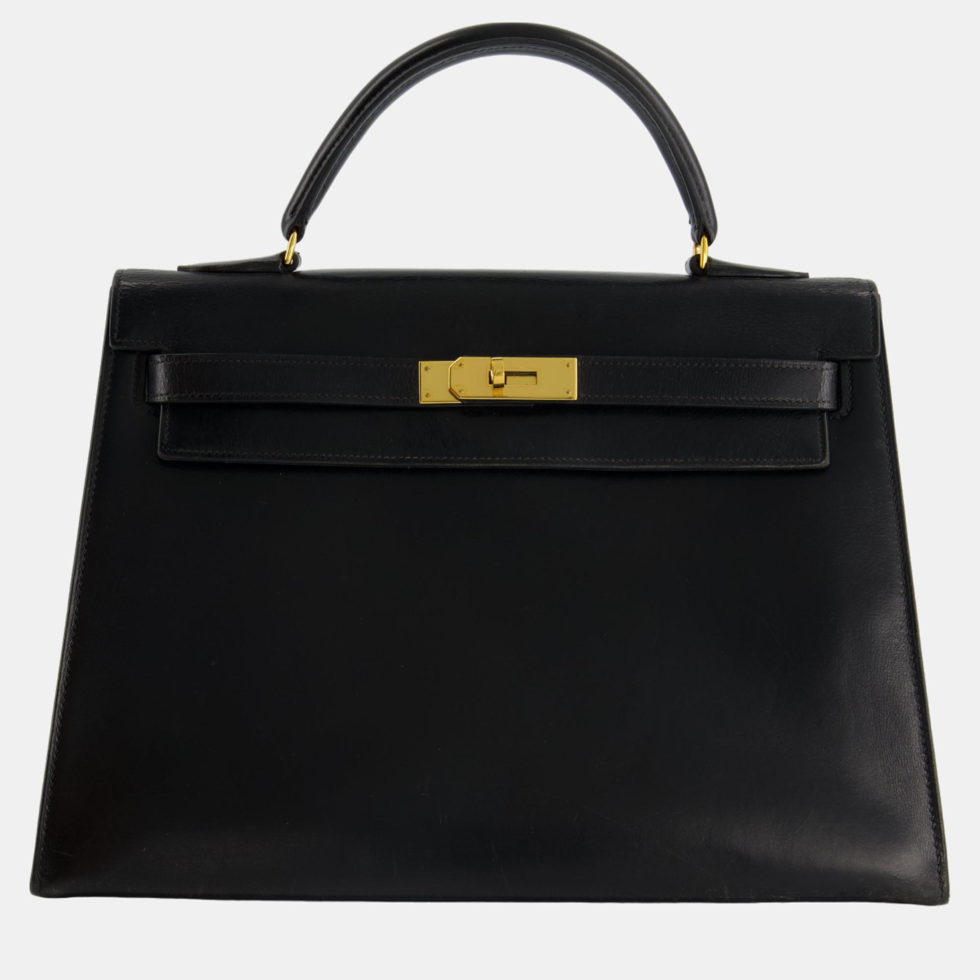 Pre-owned Hermes Vintage Kelly Bag 32cm In Black Box Calf Leather With Gold Hardware