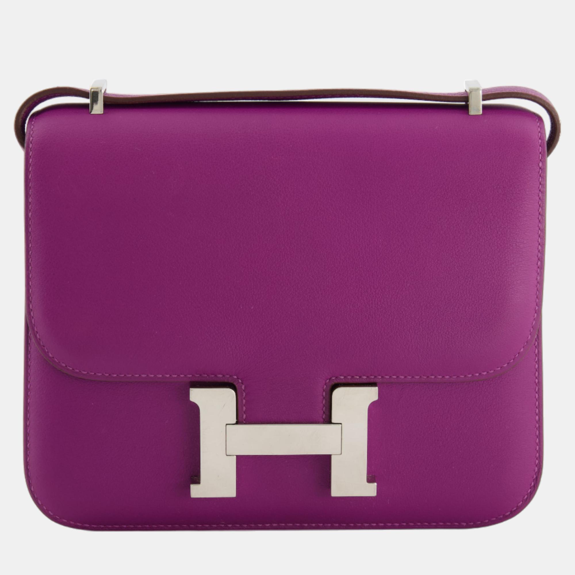 Pre-owned Hermes Mini Constance 18cm In Anemone Evercolor Leather With Palladium Hardware In Purple