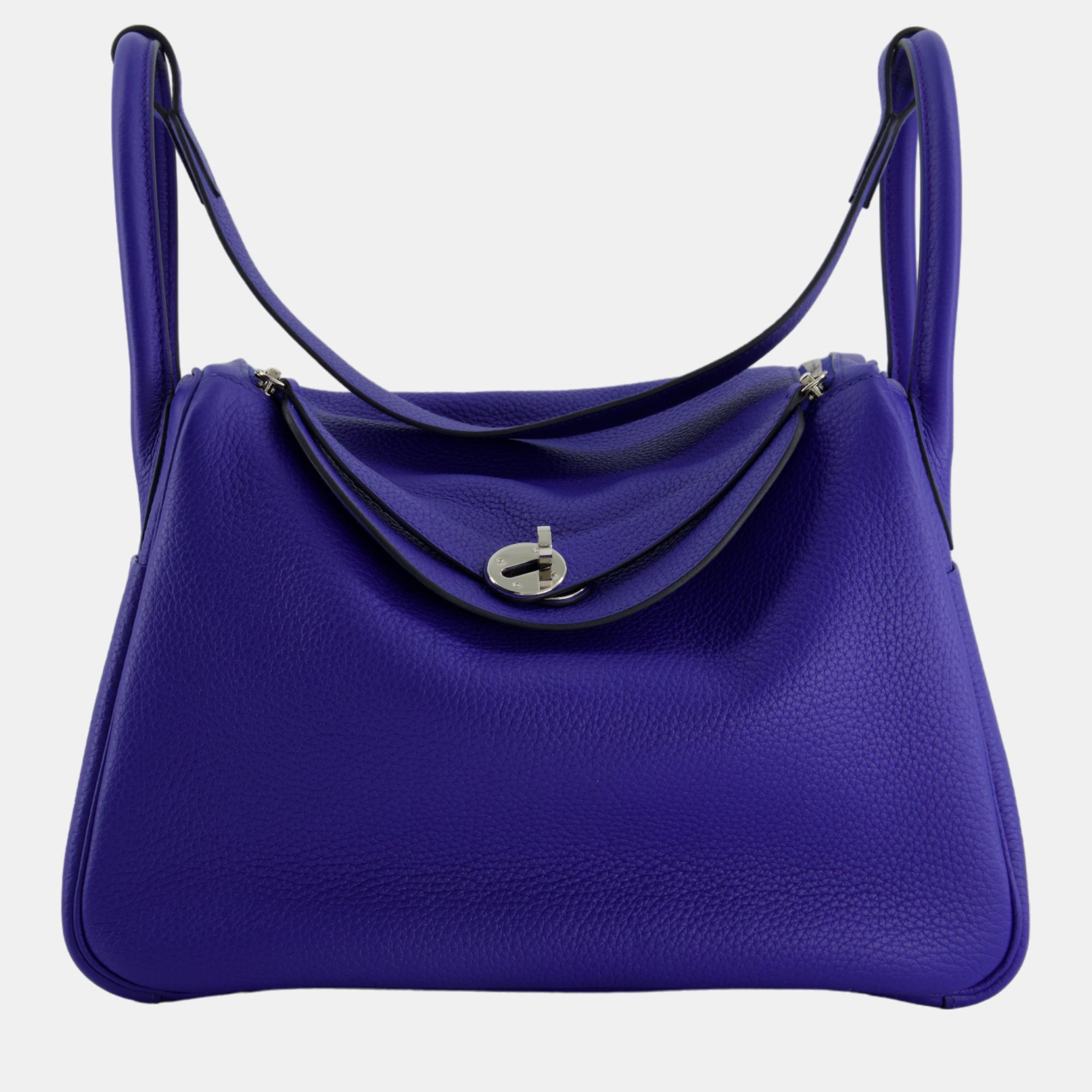 Pre-owned Hermes Lindy Bag 30cm In Blue Electric In Clemence Leather With Palladium Hardware