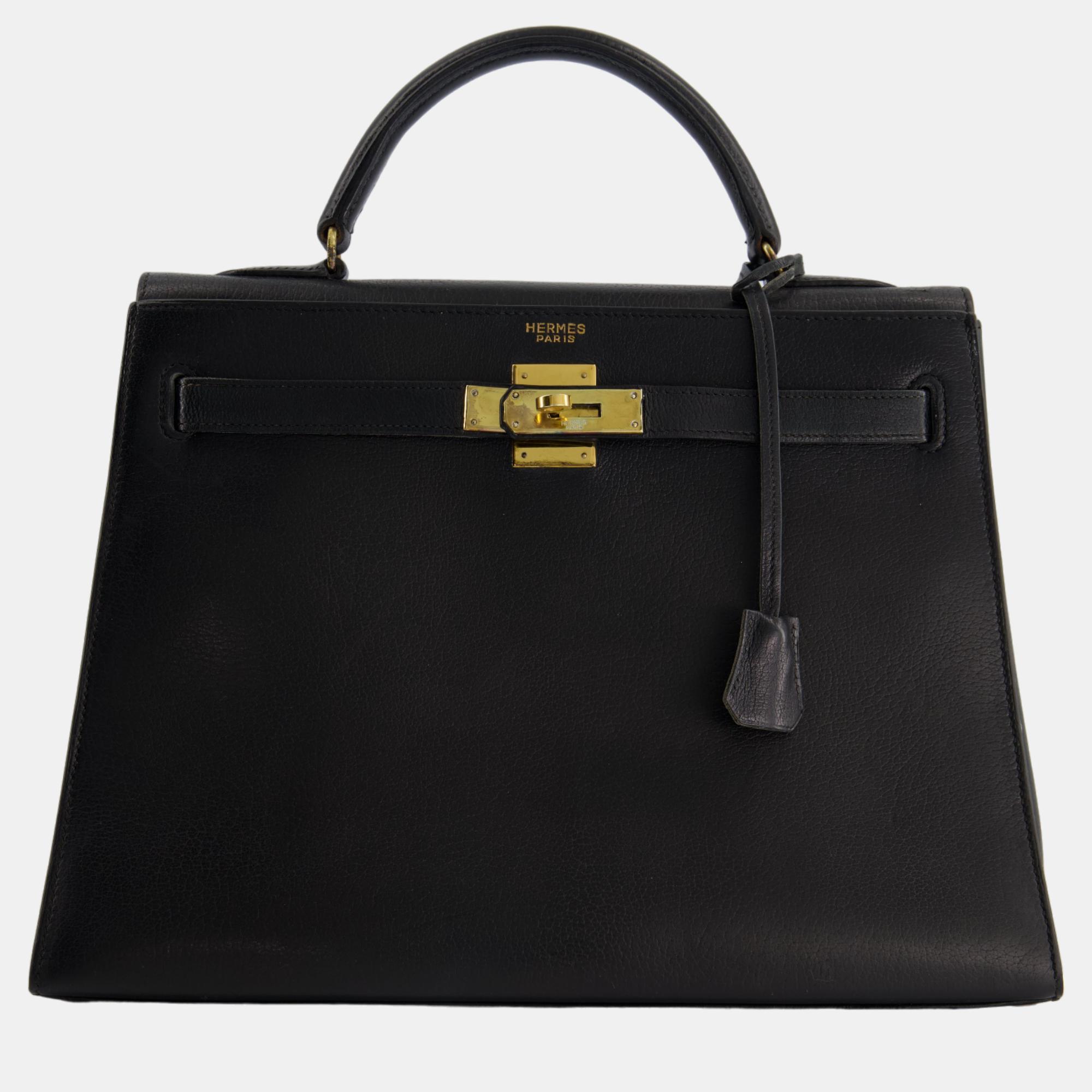 Pre-owned Hermes Vintage Kelly 32cm Bag In Black Natural Peau Porc Leather With Gold Hardware
