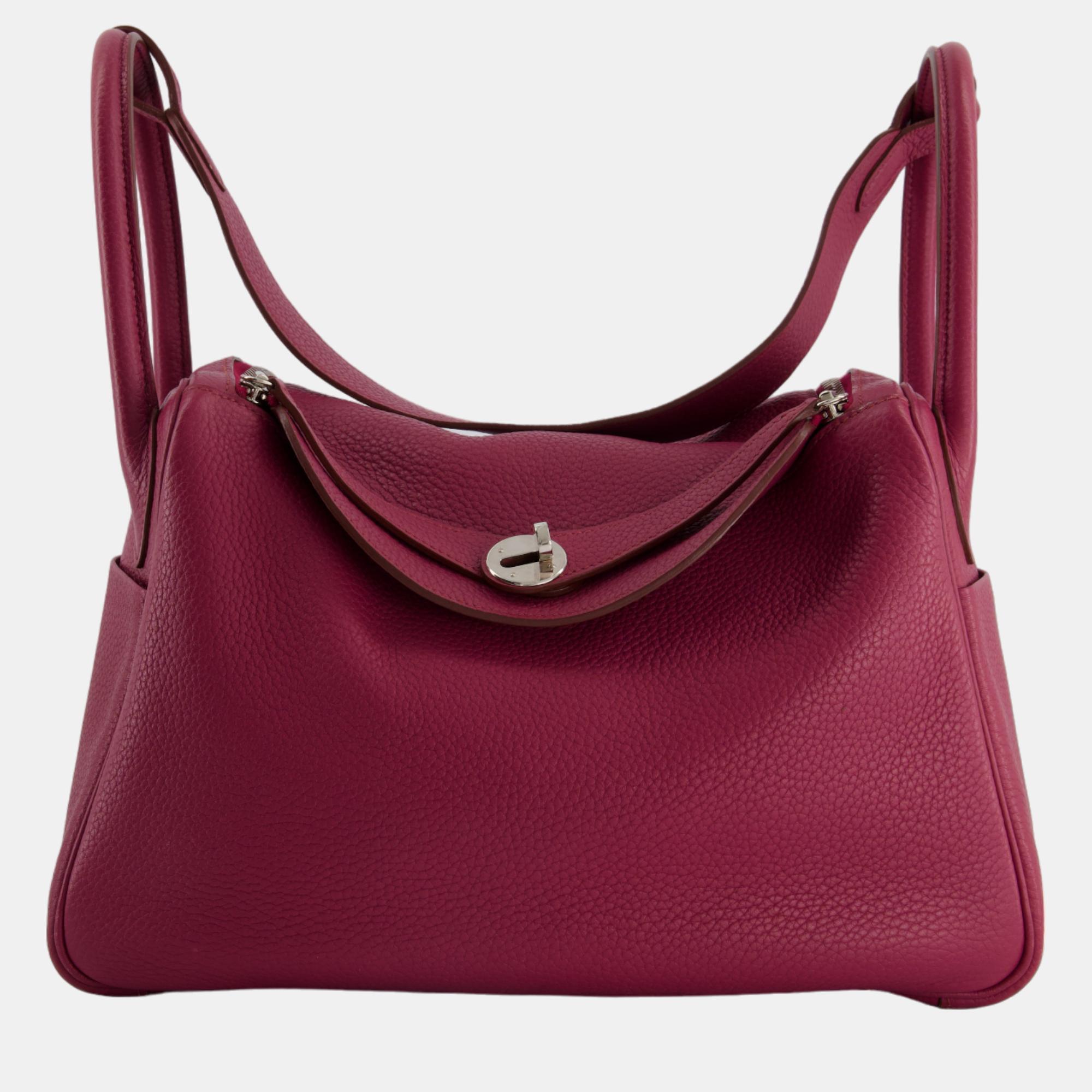 

Hermes Lindy Bag  in Rouge Galance in Togo Leather with Palladium Hardware, Red