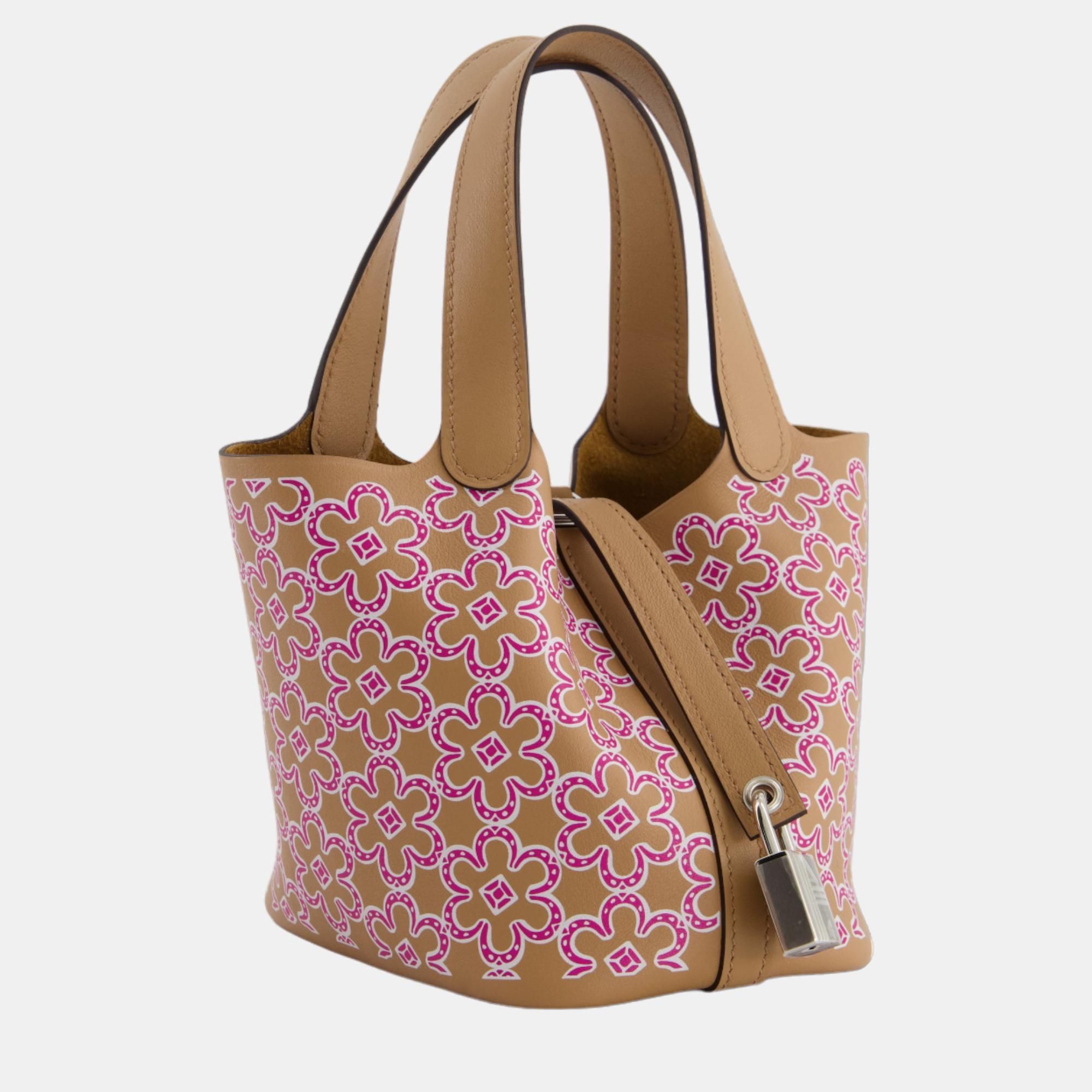 

Hermes Micro Picotin Lucky Daisy  in Chai/Rose Swift with Palladium Hardware, Brown