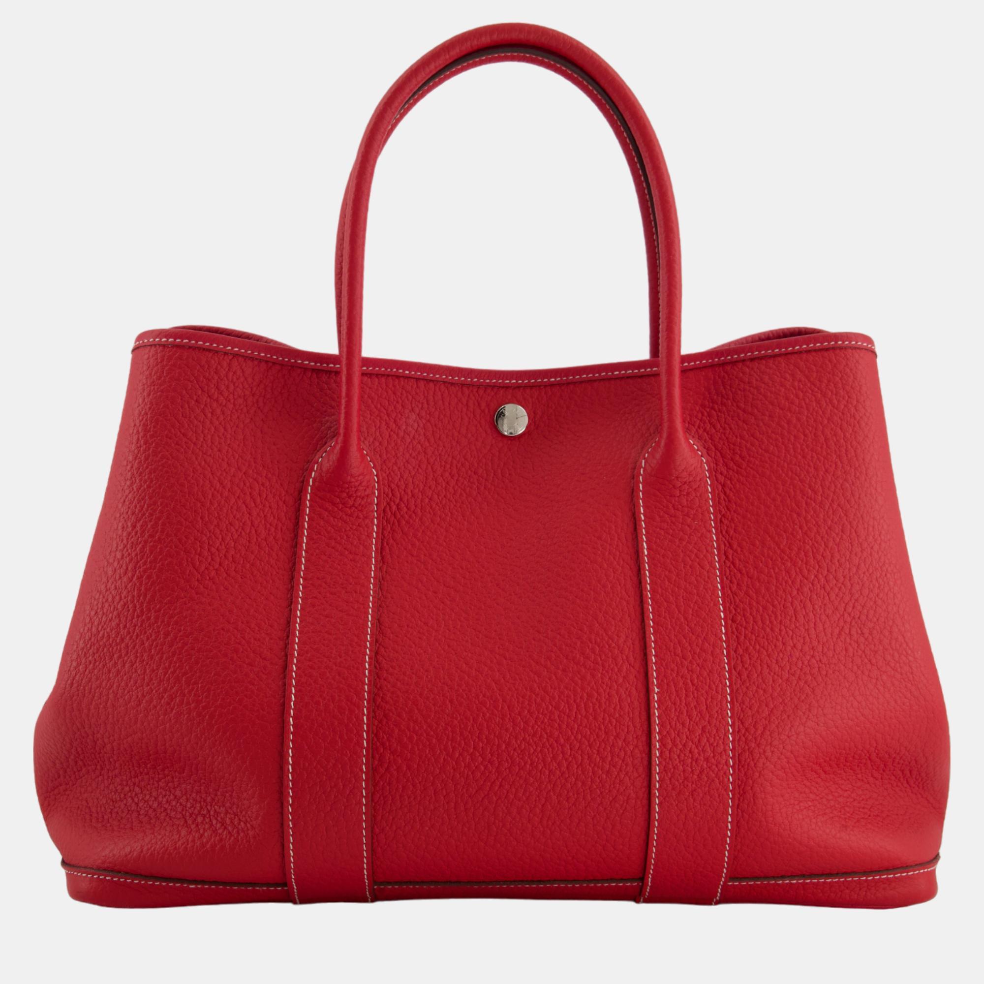 

Hermes Garden Party Bag  in Rouge Tomato Negonda Leather with Palladium Hardware, Red