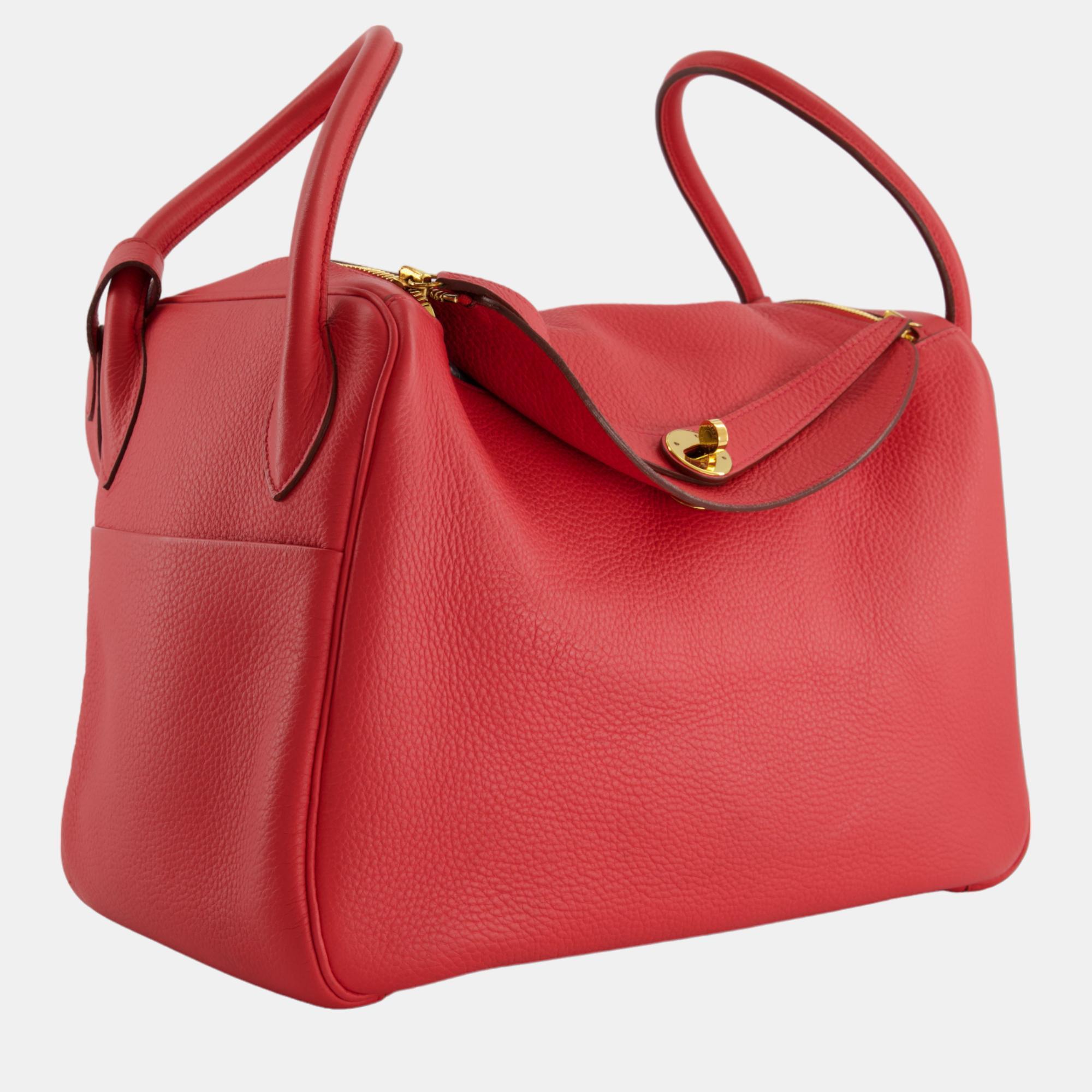 

Hermes Lindy 34 Bag in Rose Jaipur Clemence Leather with Gold Hardware, Red