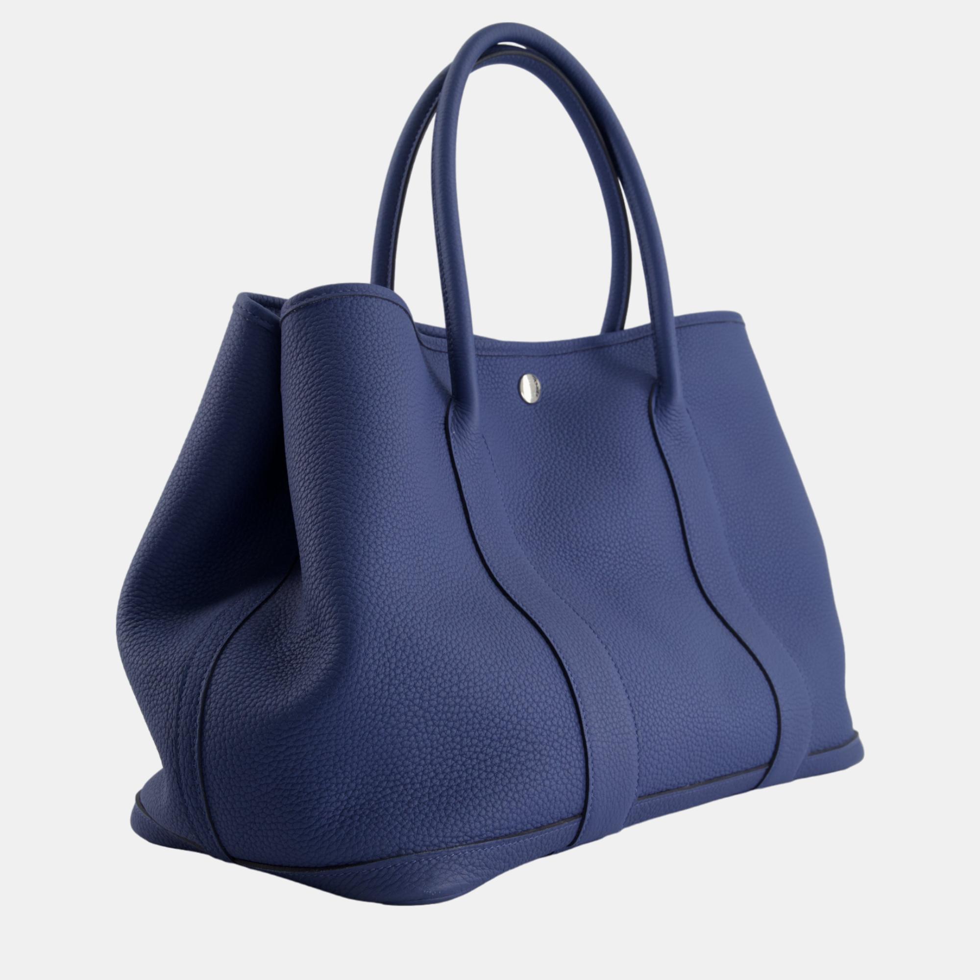 

Hermes Garden Party Bag  in Bleu Agate Negonda Leather with Palladium Hardware, Blue