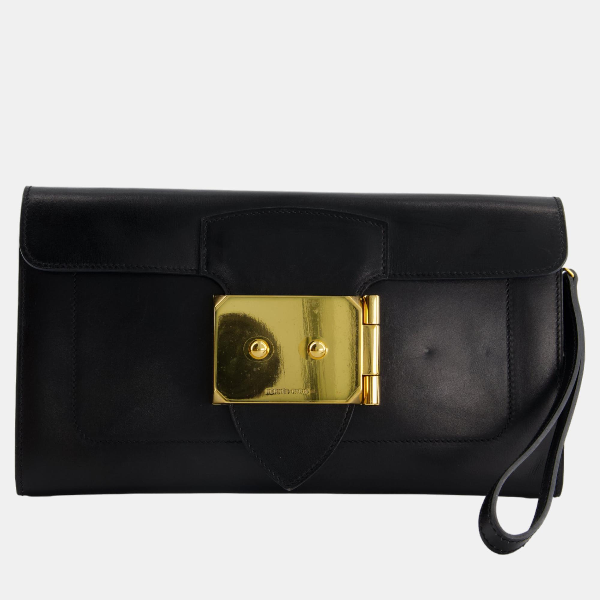 Pre-owned Hermes Goodluck Clutch Bag In Tadelakt Leather With Gold Hardware In Black