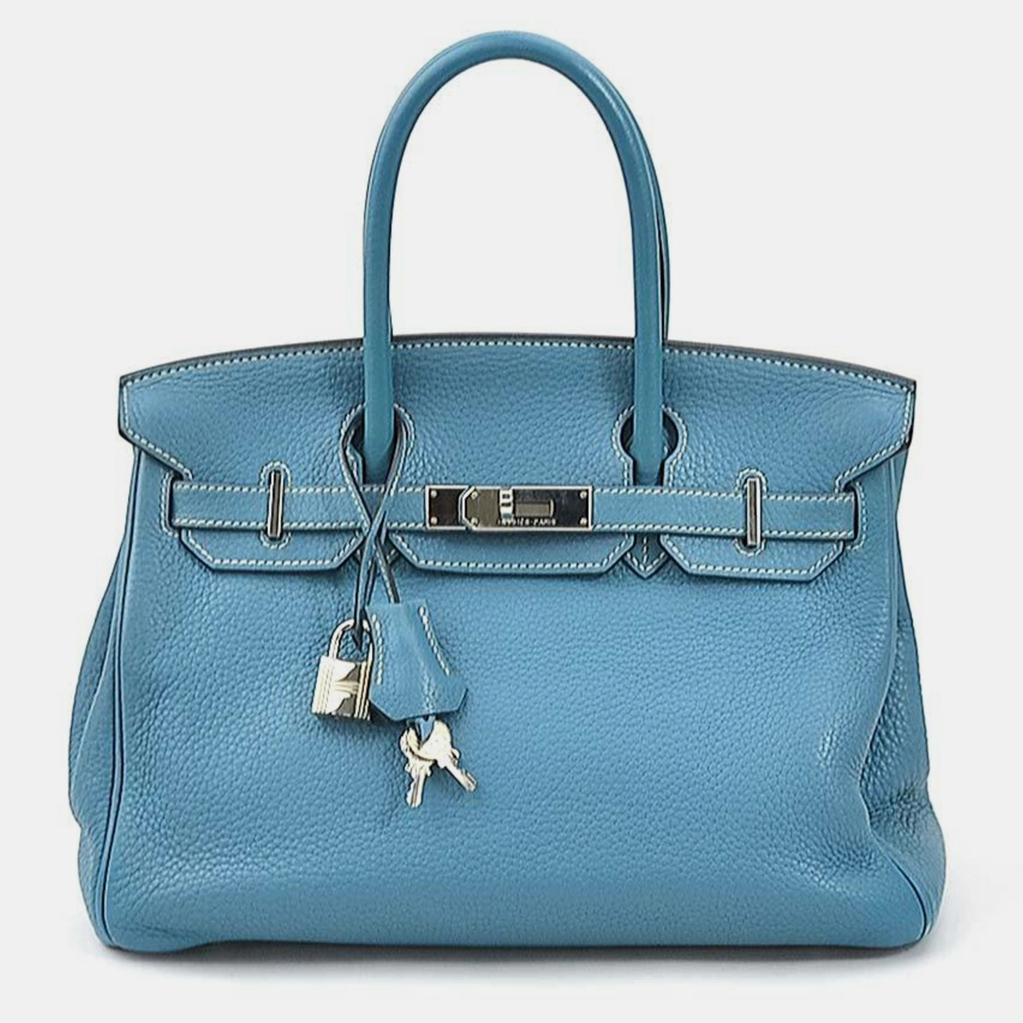 Pre-owned Hermes Handbag Birkin 30 Taurillon Clemence Turquoise Silver Ladies In Blue