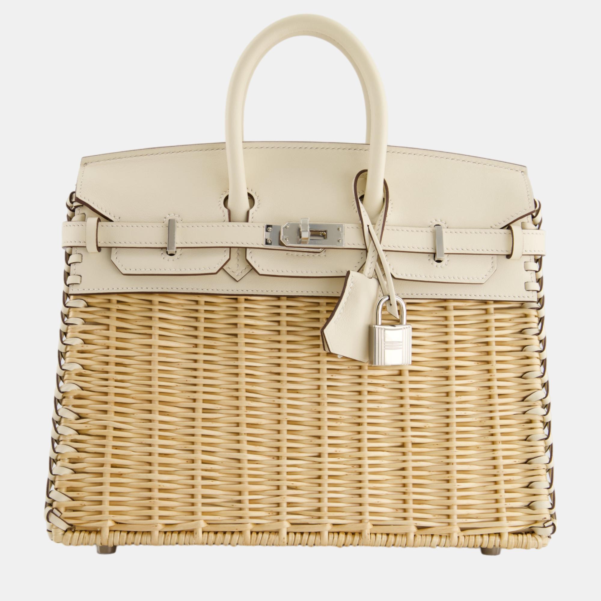 Pre-owned Hermes Birkin Wicker Picnic 25cm Bag In Nata Swift Leather And Oasier Wicker With Palladium Hardware In White