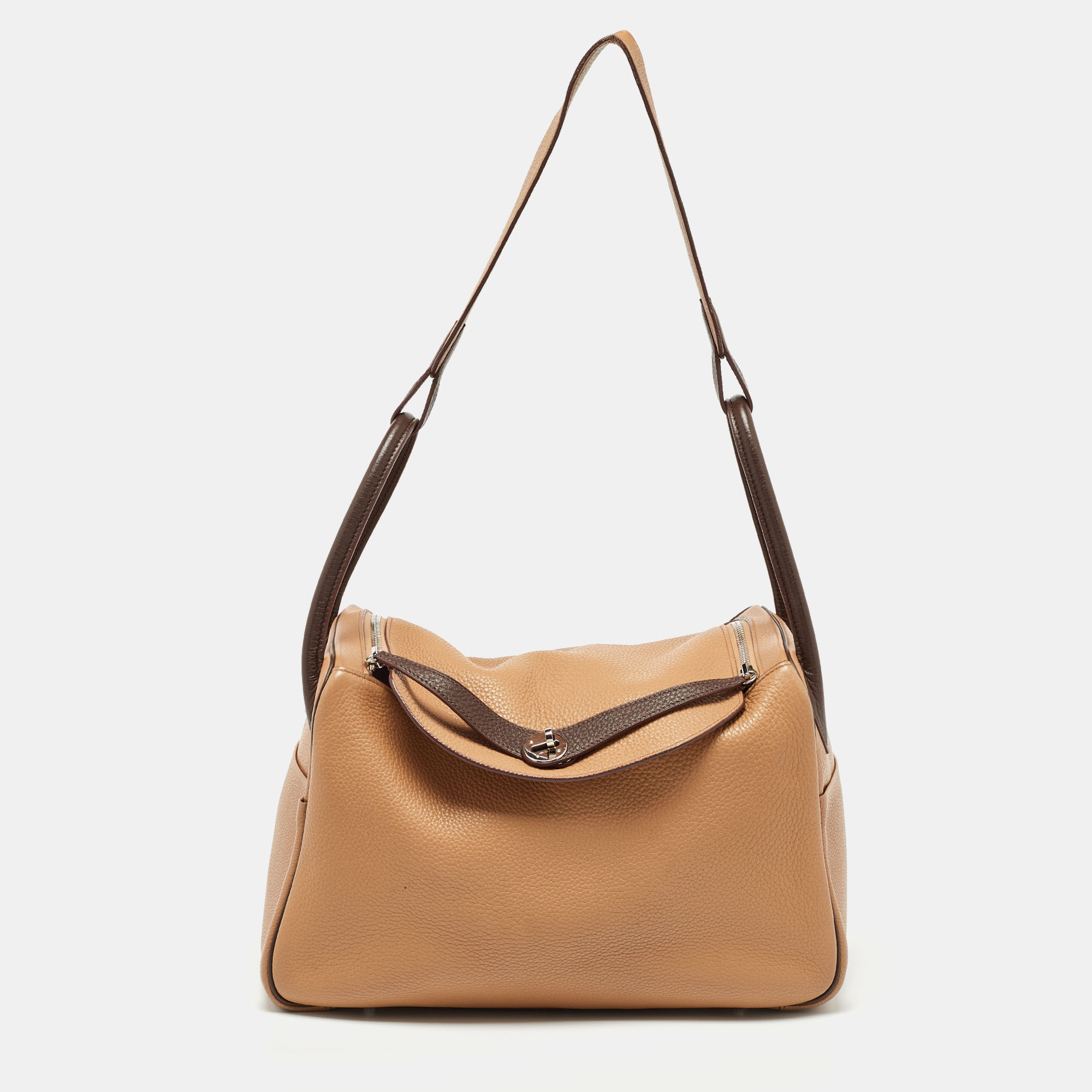 

Hermes Tabac Camel/Chocolate Taurillion Clemence Leather Palladium Finish Lindy 34 Bag, Brown