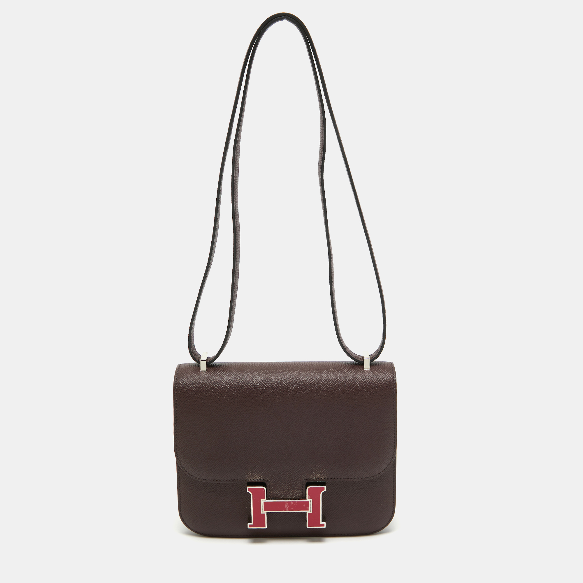 Pre-owned Hermes Rouge Sellier Epsom Leather Framboise Enamel Palladium Finish Constance 18 Bag In Burgundy