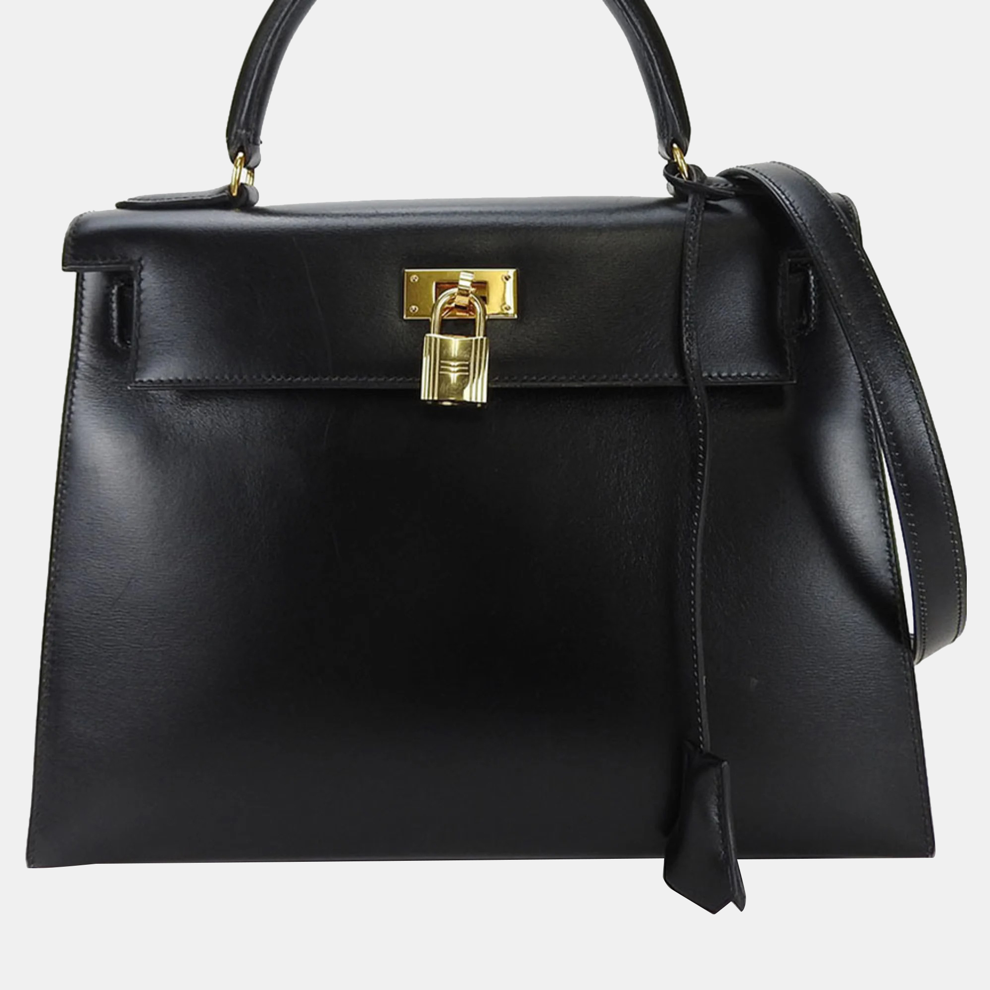 Pre Owned Hermes Boxcalf Shoulder Outside Sewing Black Kelly 28 Handbag