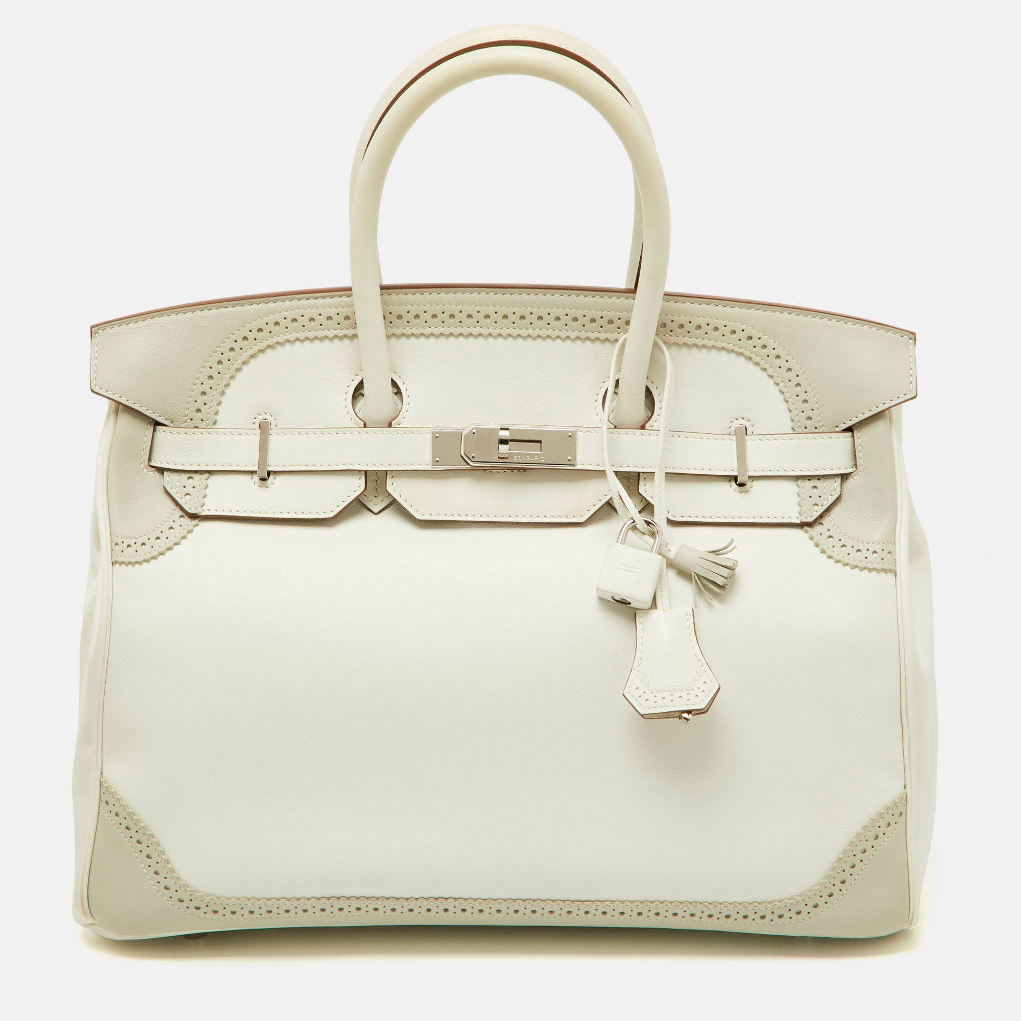 Pre-owned Hermes Blanc/gris Swift Leather Palladium Finish Ghillies Birkin 35 Bag In White