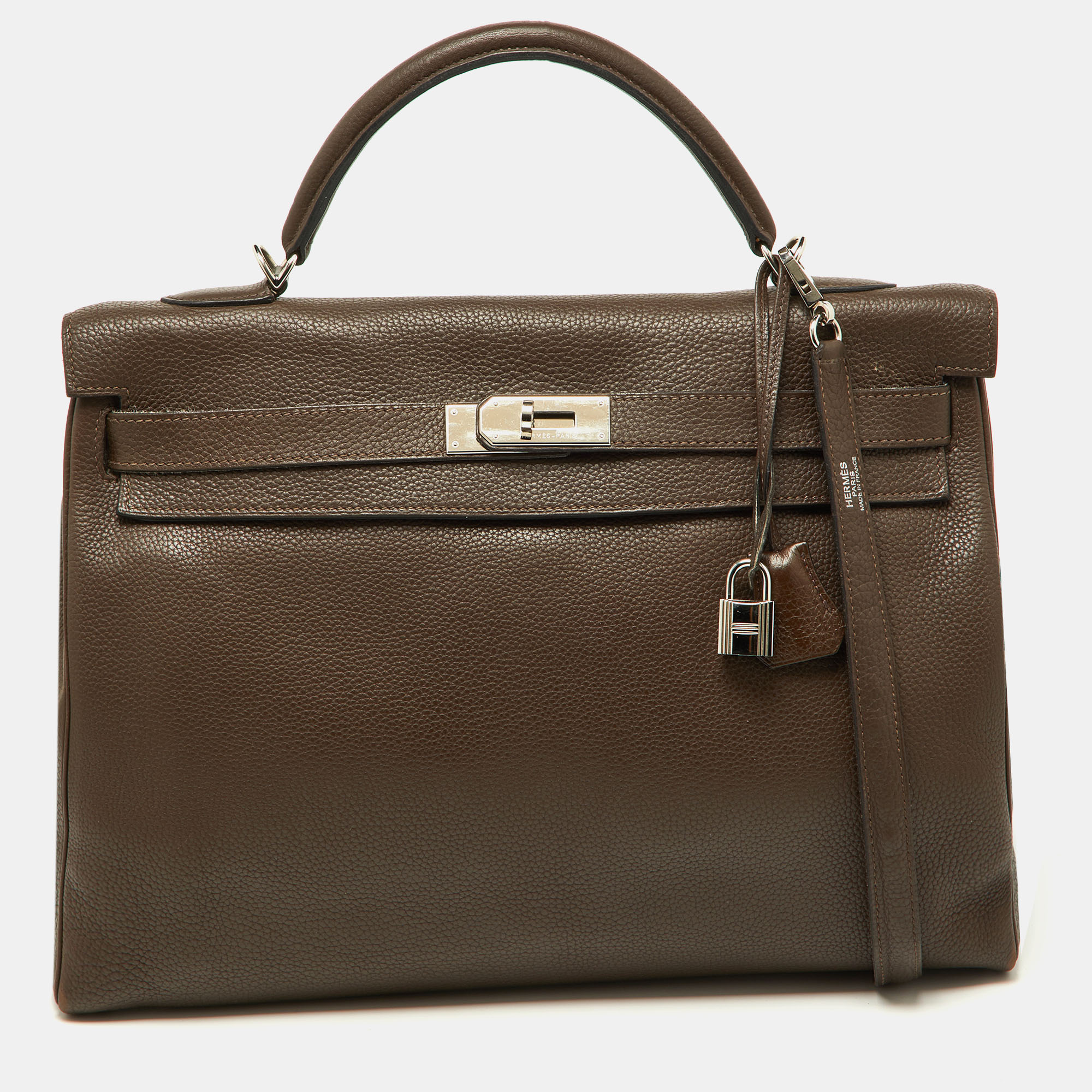 Pre-owned Hermes Chocolat Taurillon Clemence Leather Palladium Finish Kelly Retourne 40 Bag In Brown