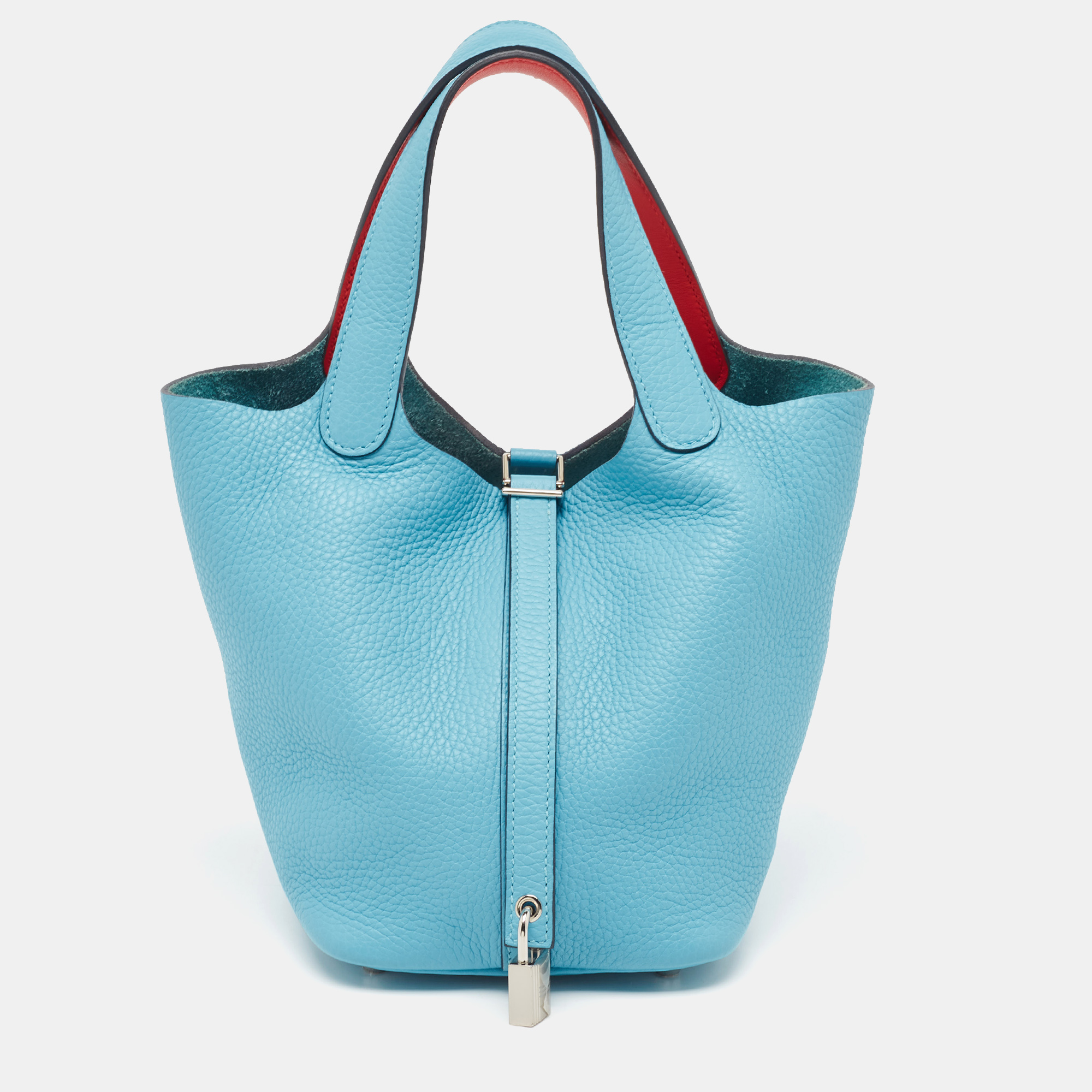 

Hermes Bleu du Nord/Rouge de Coeur Taurillon Clemence Leather Picotin Lock 18 Bag, Blue