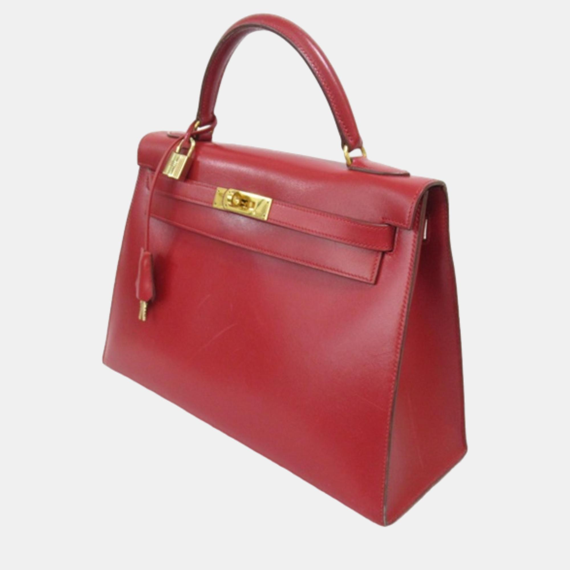 

Hermes Burgundy Box Calf Leather Kelly 32 Tote Bag, Red