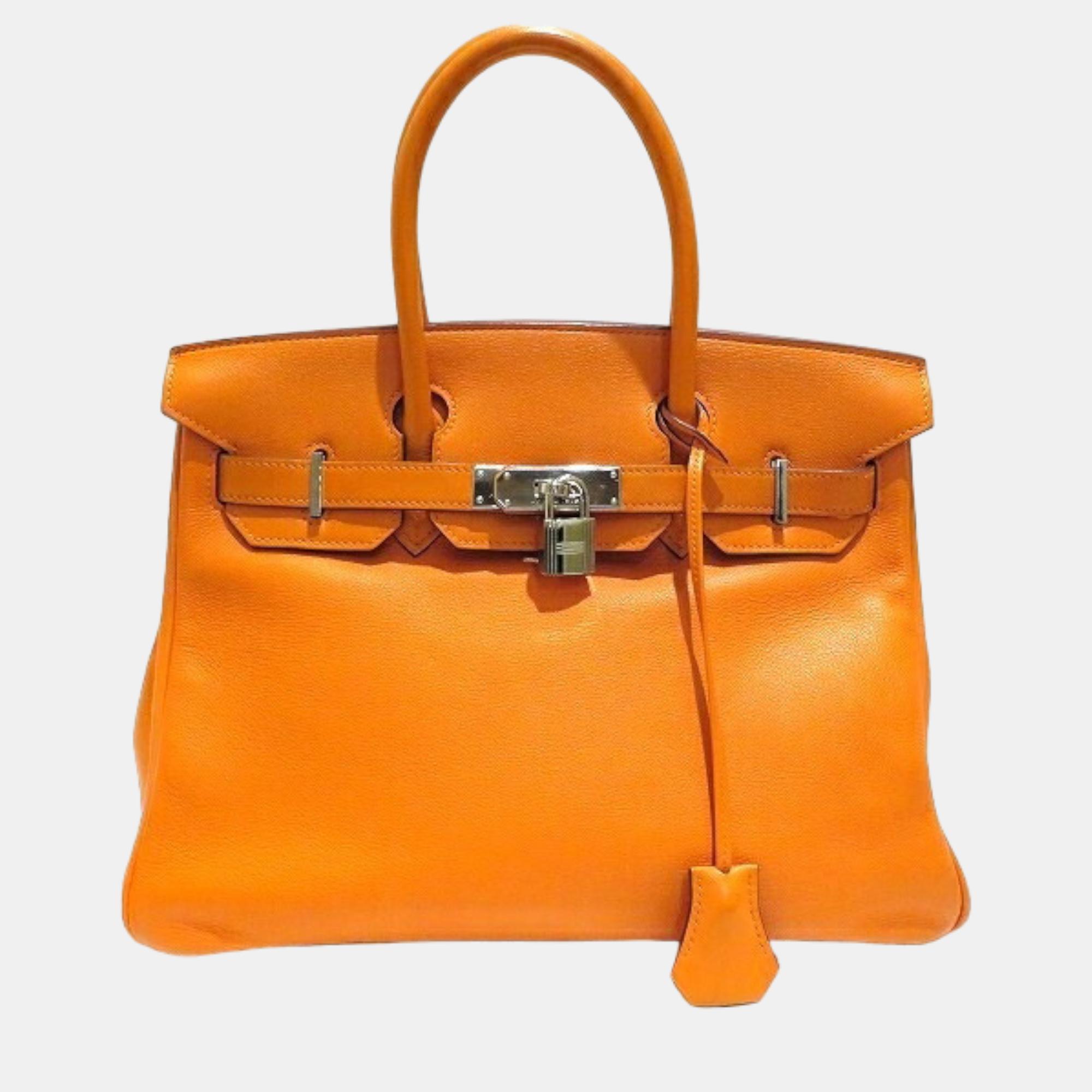 Pre-owned Hermes Orange Clemence Leather Birkin 30 Tote Bag