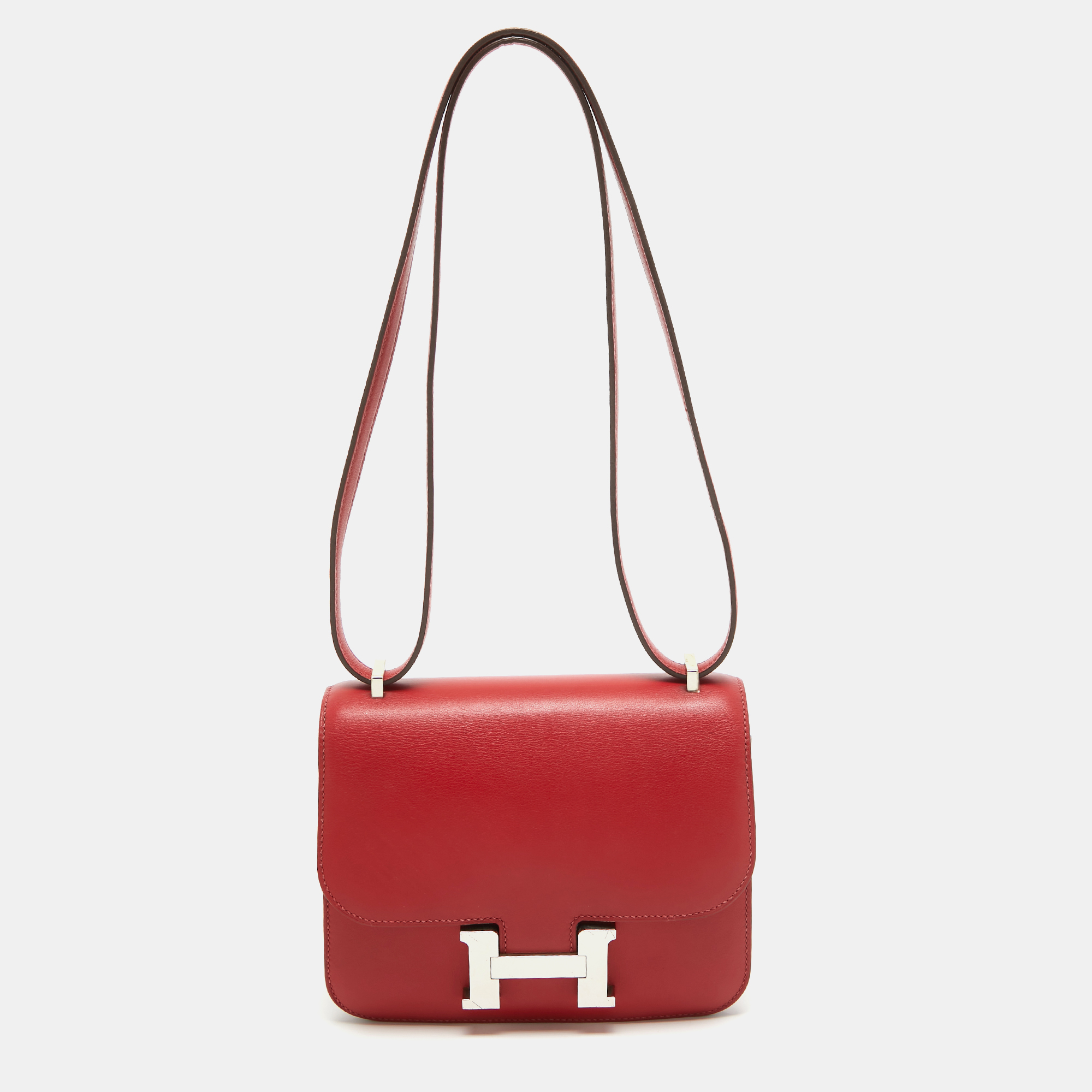 

Hermes Rouge Casaque Swift Leather Palladium Finish Constance 18 Mini Bag, Red