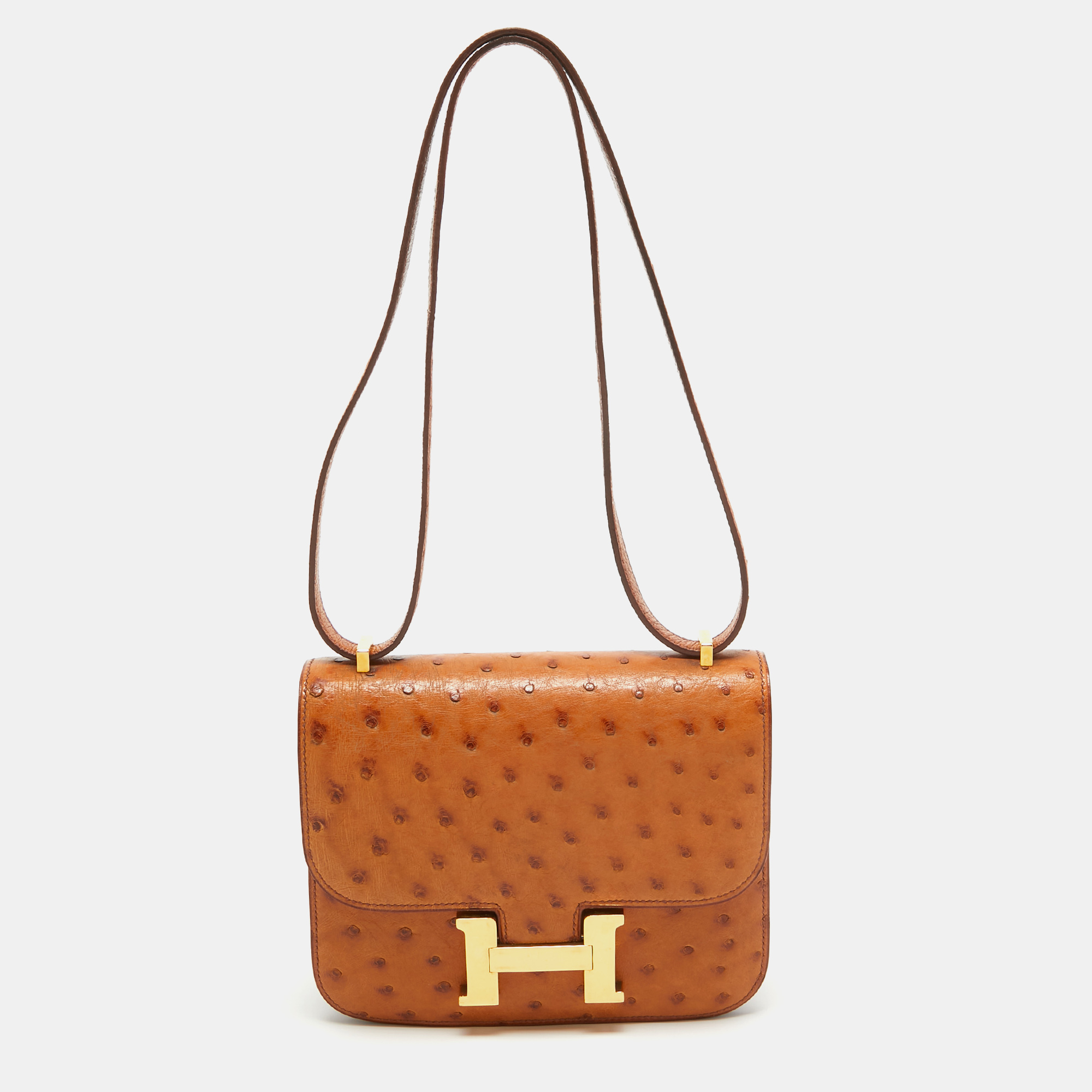 

Hermes Naturale Ostrich Gold Finish Constance 18 Mini Bag, Brown
