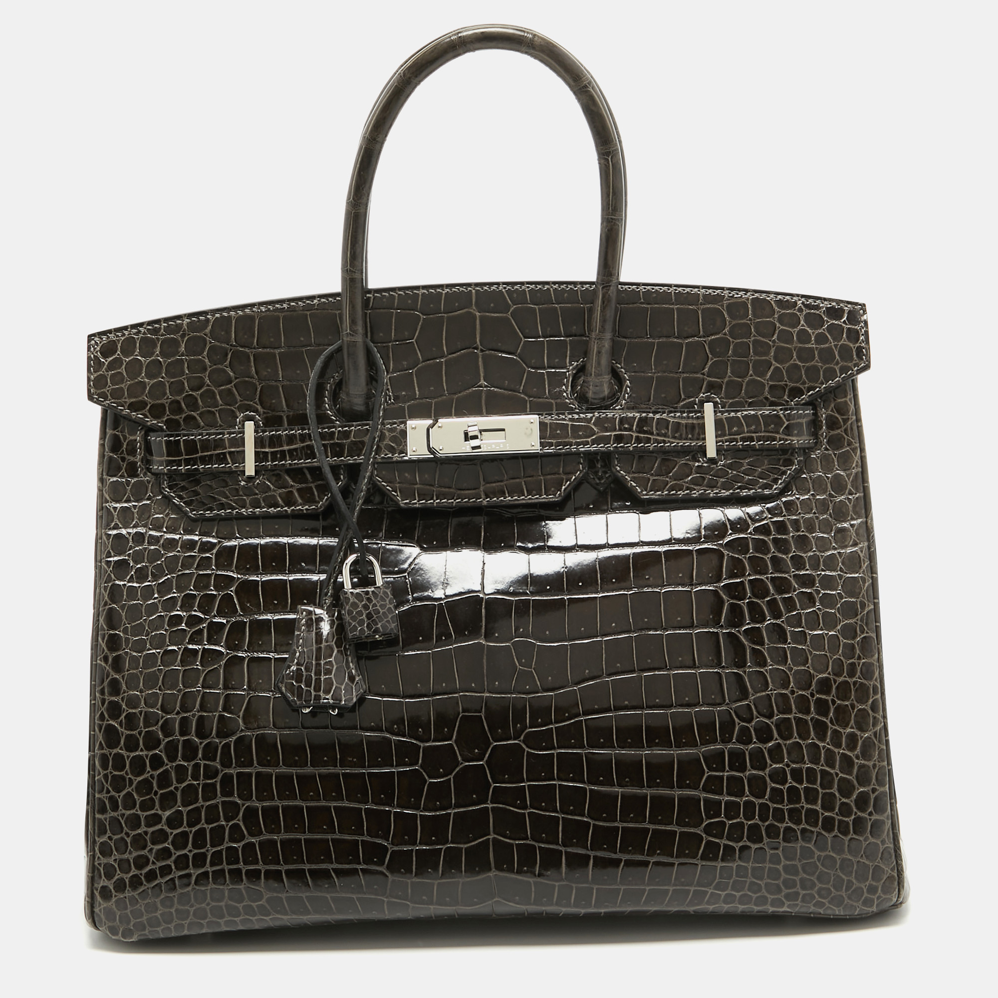 

Hermes Graphite Crocodile Porosus Palladium Finish Birkin 35 Bag, Grey
