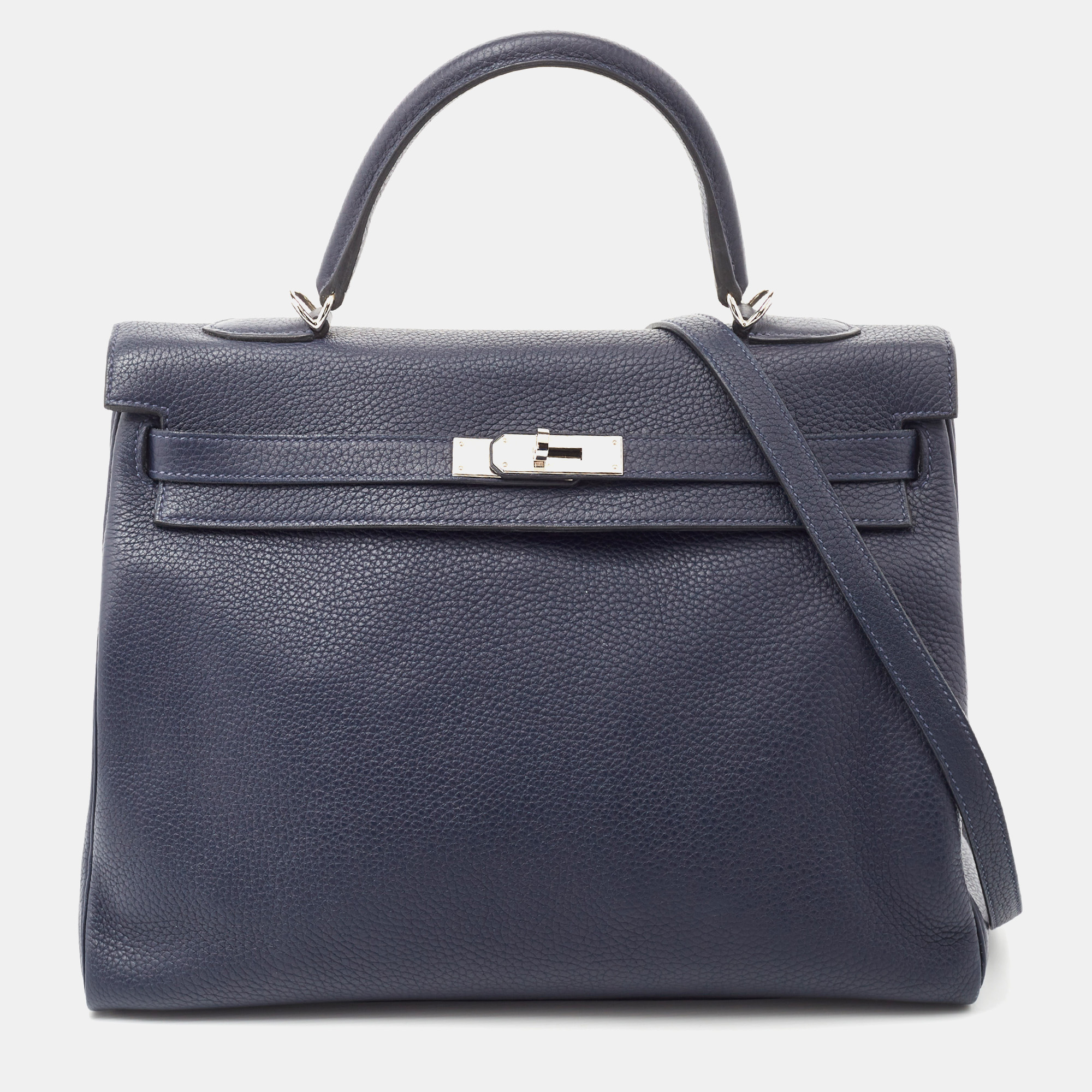 Pre Owned Hermes Bleu Saphir Taurillon Clemence Leather Palladium Finish Kelly Retourne 35 Bag