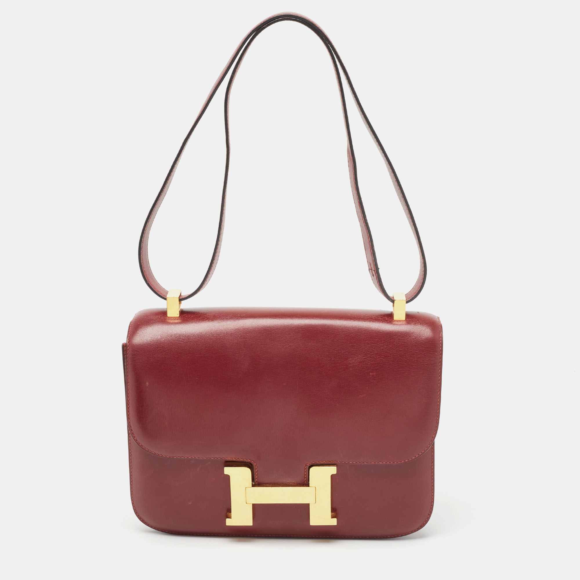 Pre-owned Hermes Rouge H Box Calf Leather Gold Finish Constance 24 Bag In Burgundy