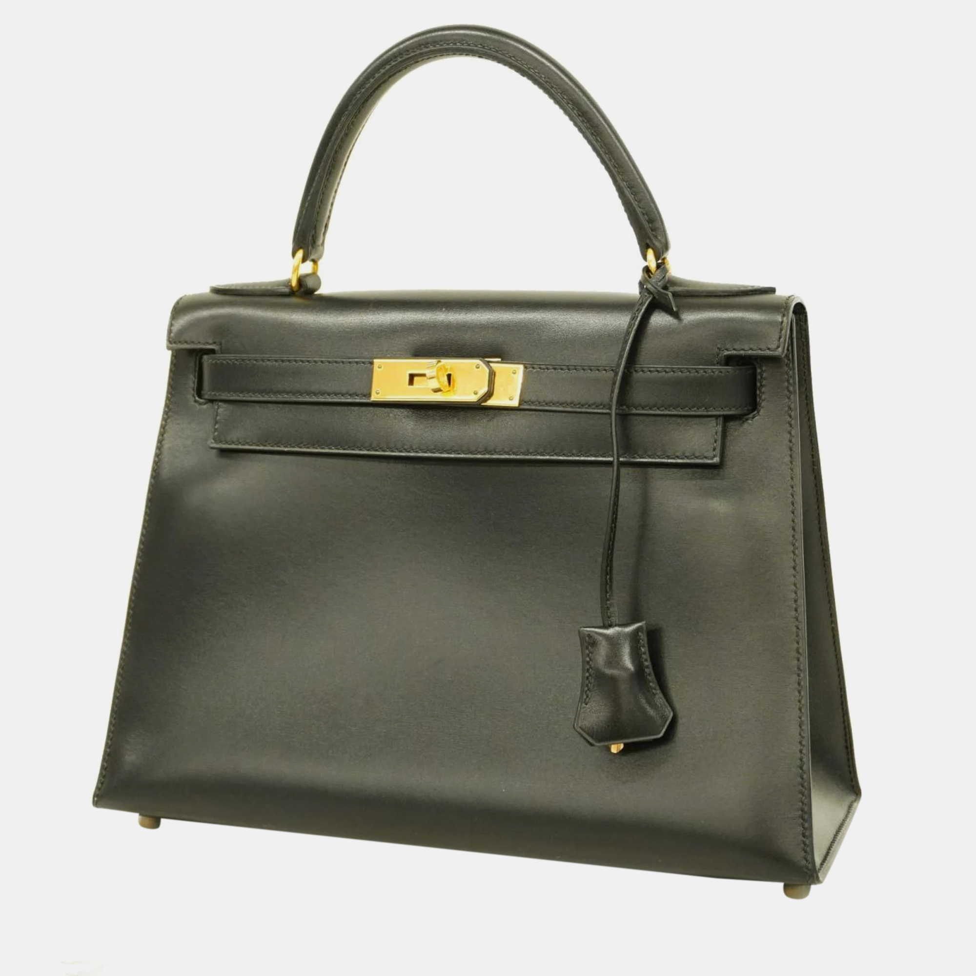 

Hermes handbag Kelly 28 □C engraved box calf black gold hardware ladies
