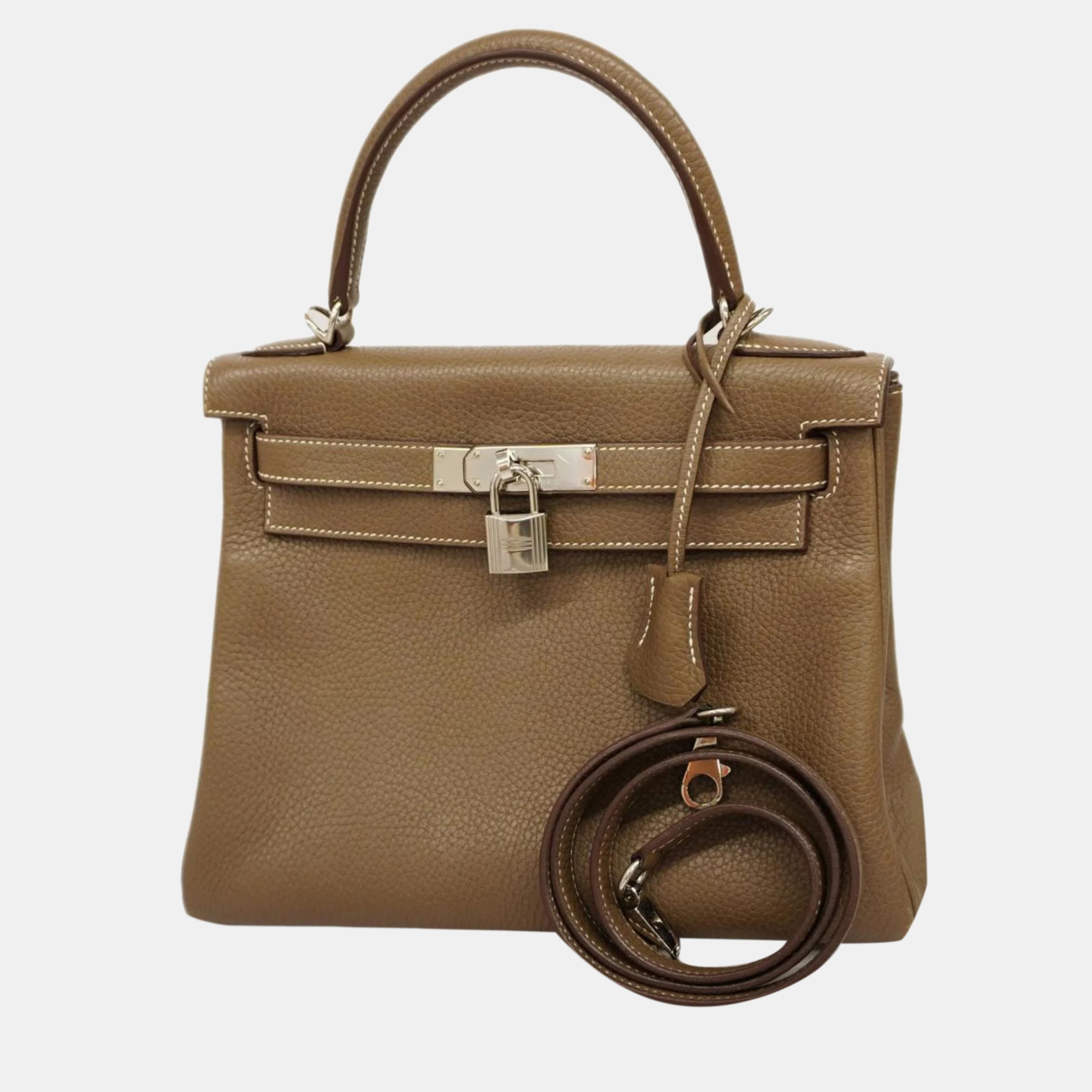 

Hermes Handbag Kelly 28 Taurillon Clemence Etoupe Silver Hardware Women's, Brown