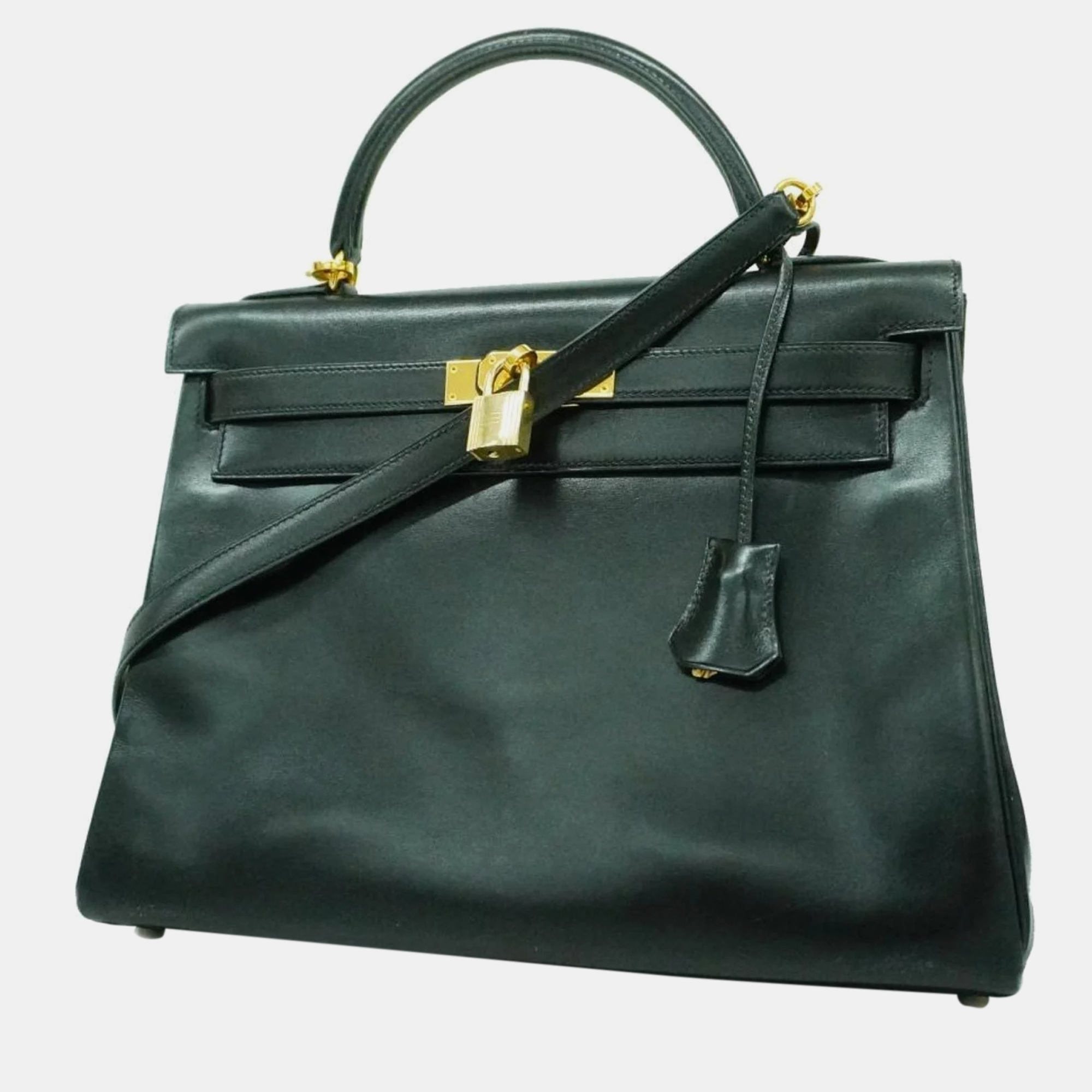 

Hermes Handbag Kelly 32 〇X Engraved Box Calf Black Gold Hardware Women's, Green