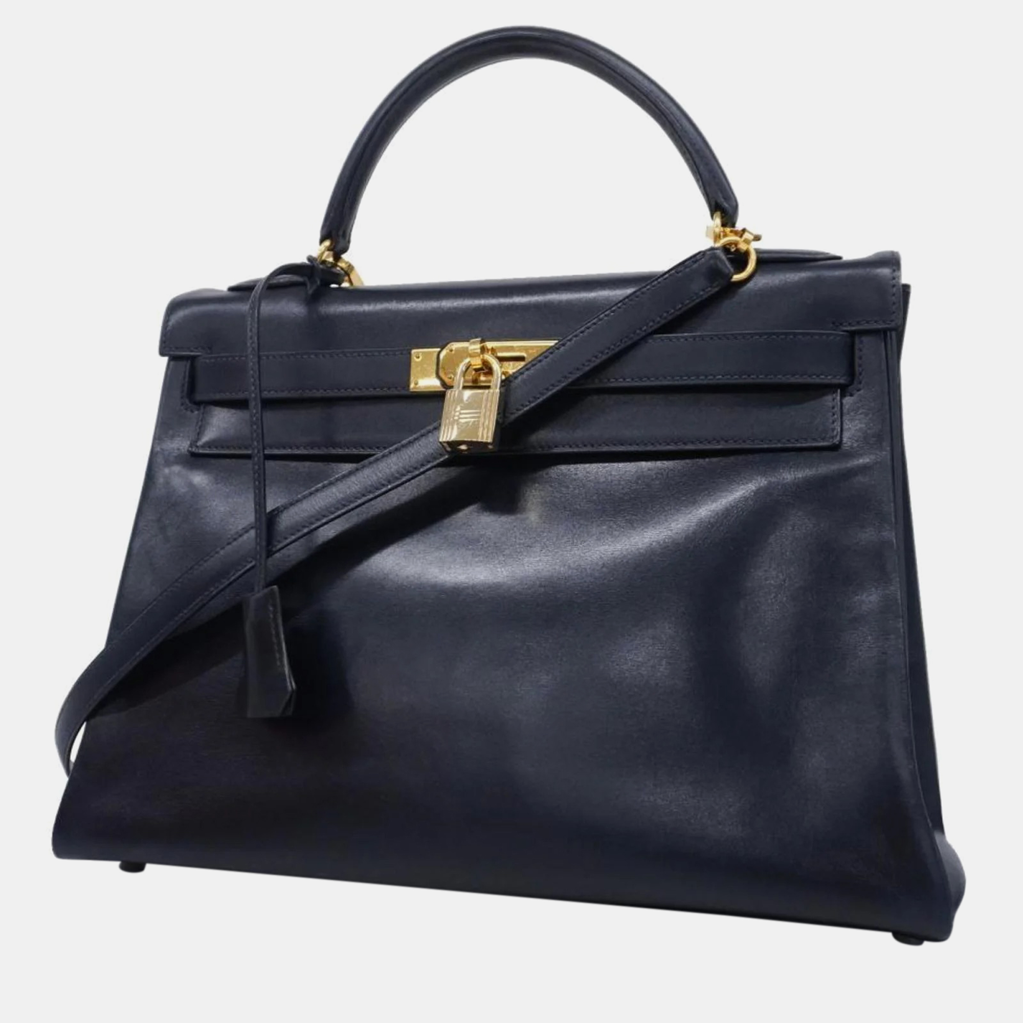 

Hermes Handbag Kelly 32 Box Calf Navy Gold Hardware Women's, Navy blue