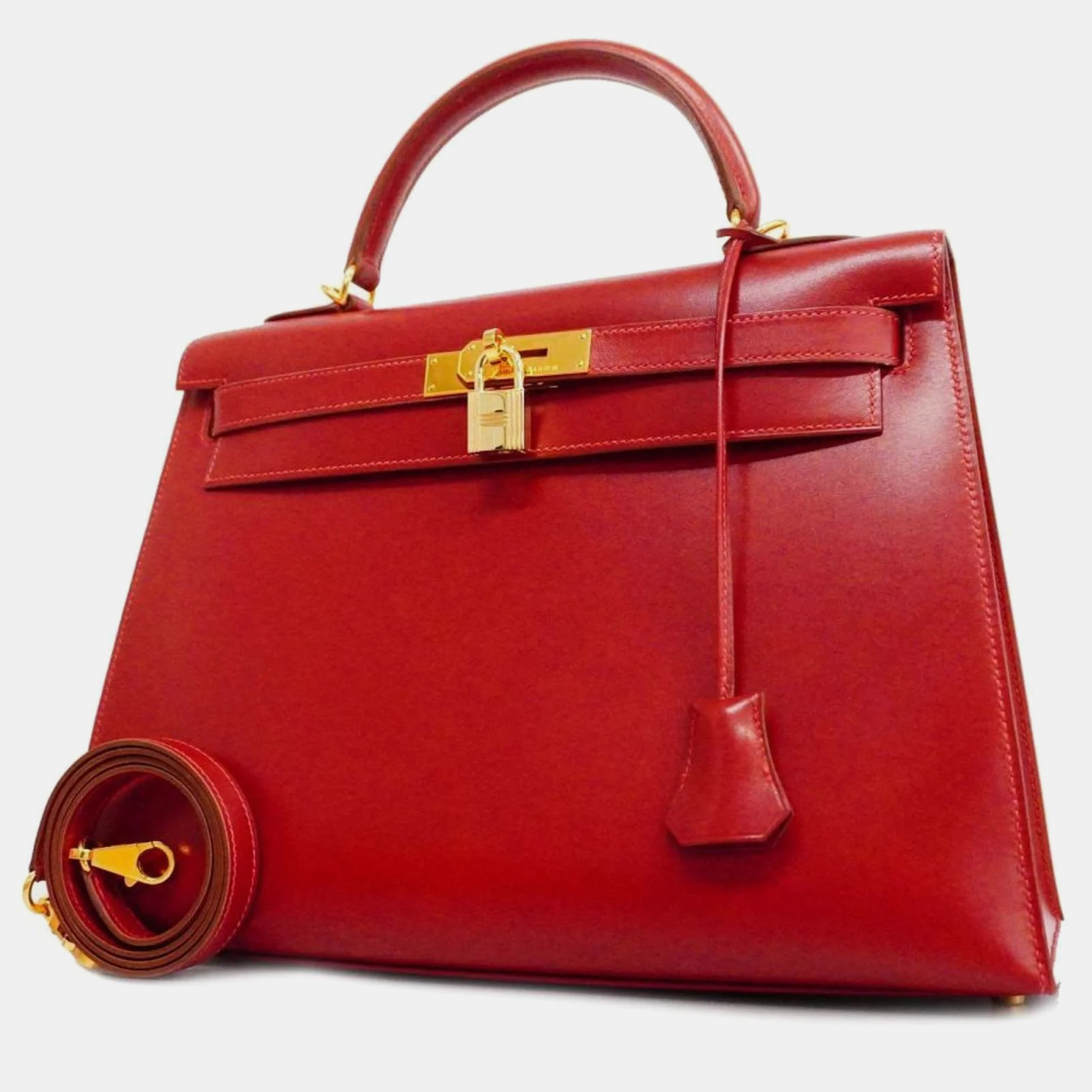 

Hermes Handbag Kelly 32 Box Calf Rouge Vif Gold Hardware Women's, Red