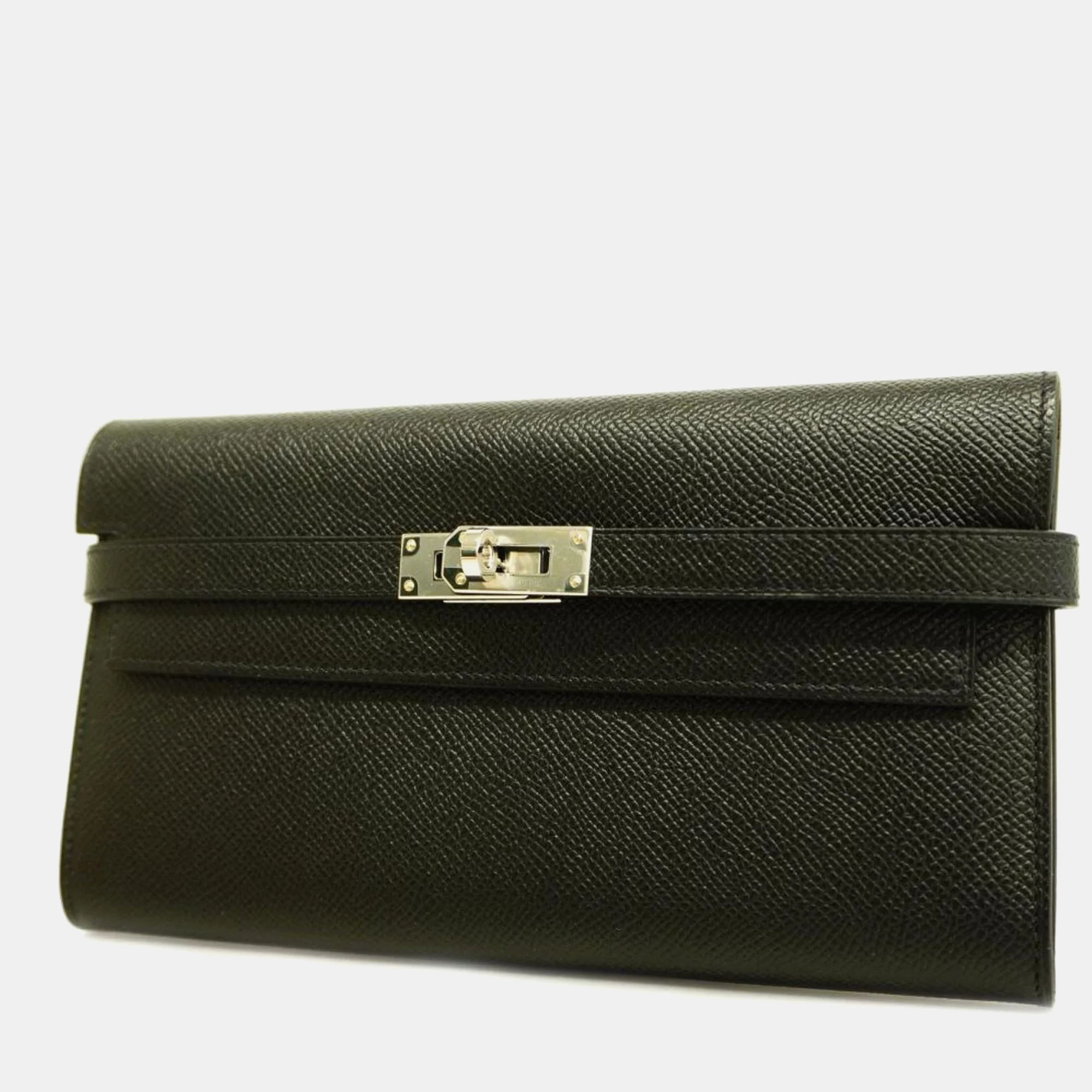 

Hermes Long Wallet Kelly B Engraved Vaux Epson Black Silver Hardware Women's, Green