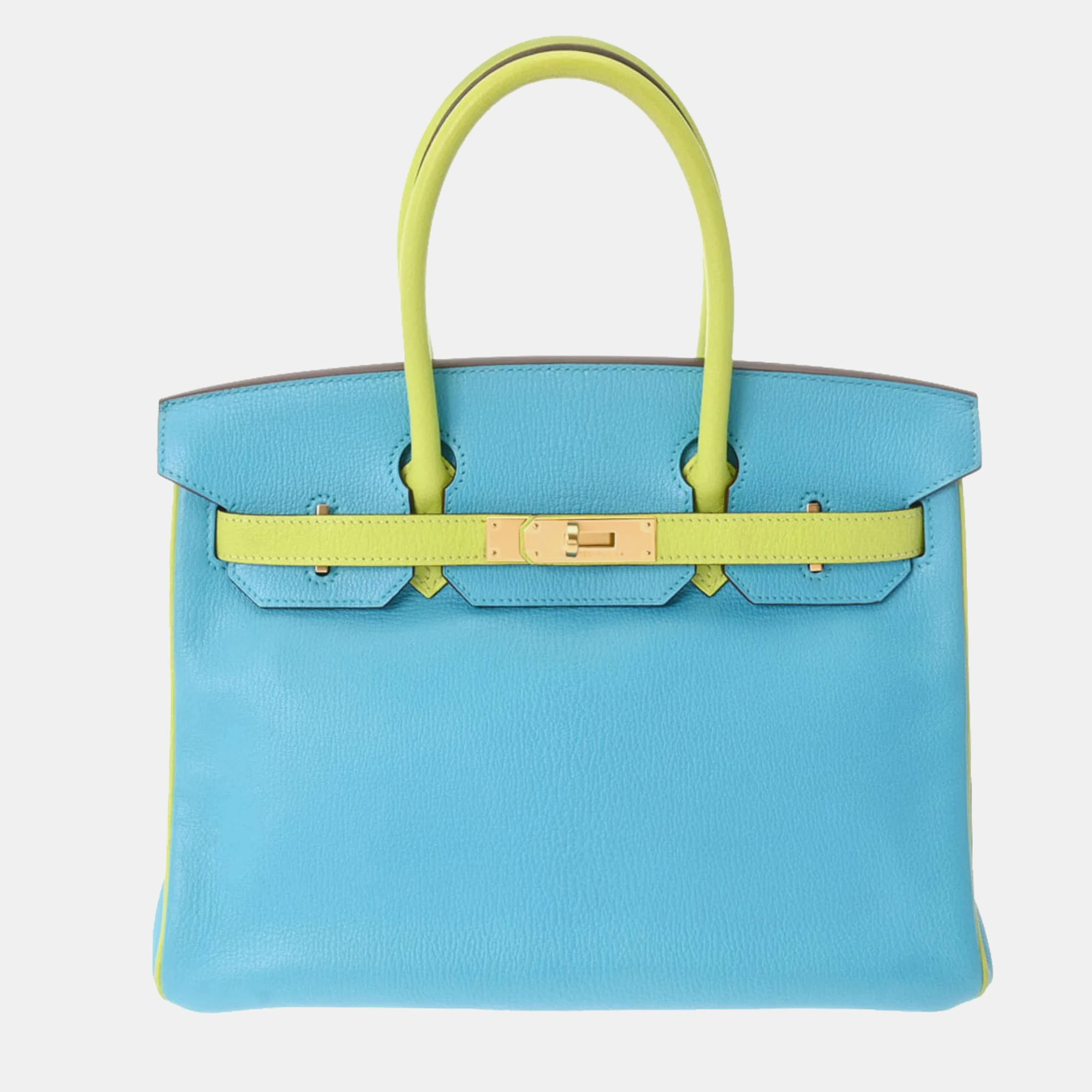 

Hermes Birkin 30 Personal Order Turquoise/Kiwi - P Engraved (around 2012) Ladies Chevre Handbag, Blue