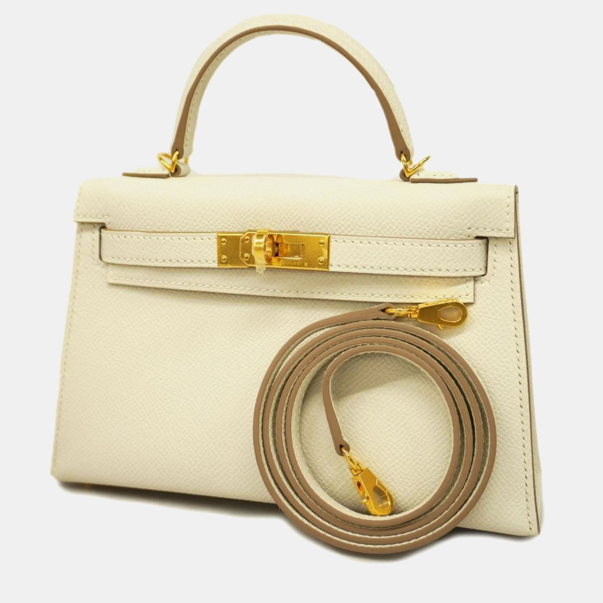 

Hermes Handbag Mini Kelly Vaux Epson Mushroom Gold Hardware Women's, Cream
