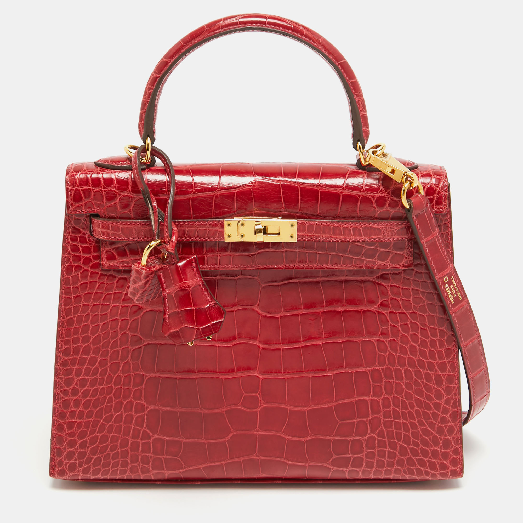 Pre-owned Hermes Rouge De Coeur Alligator Mississippiensis Gold Finish Kelly Sellier 25 Bag In Red
