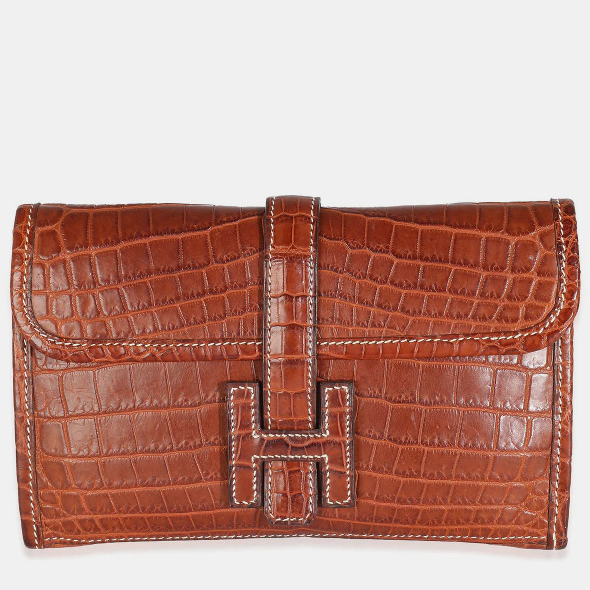 Pre-owned Hermes Fauve Crocodile Niloticus Lisse Mini Jige Clutch In Brown