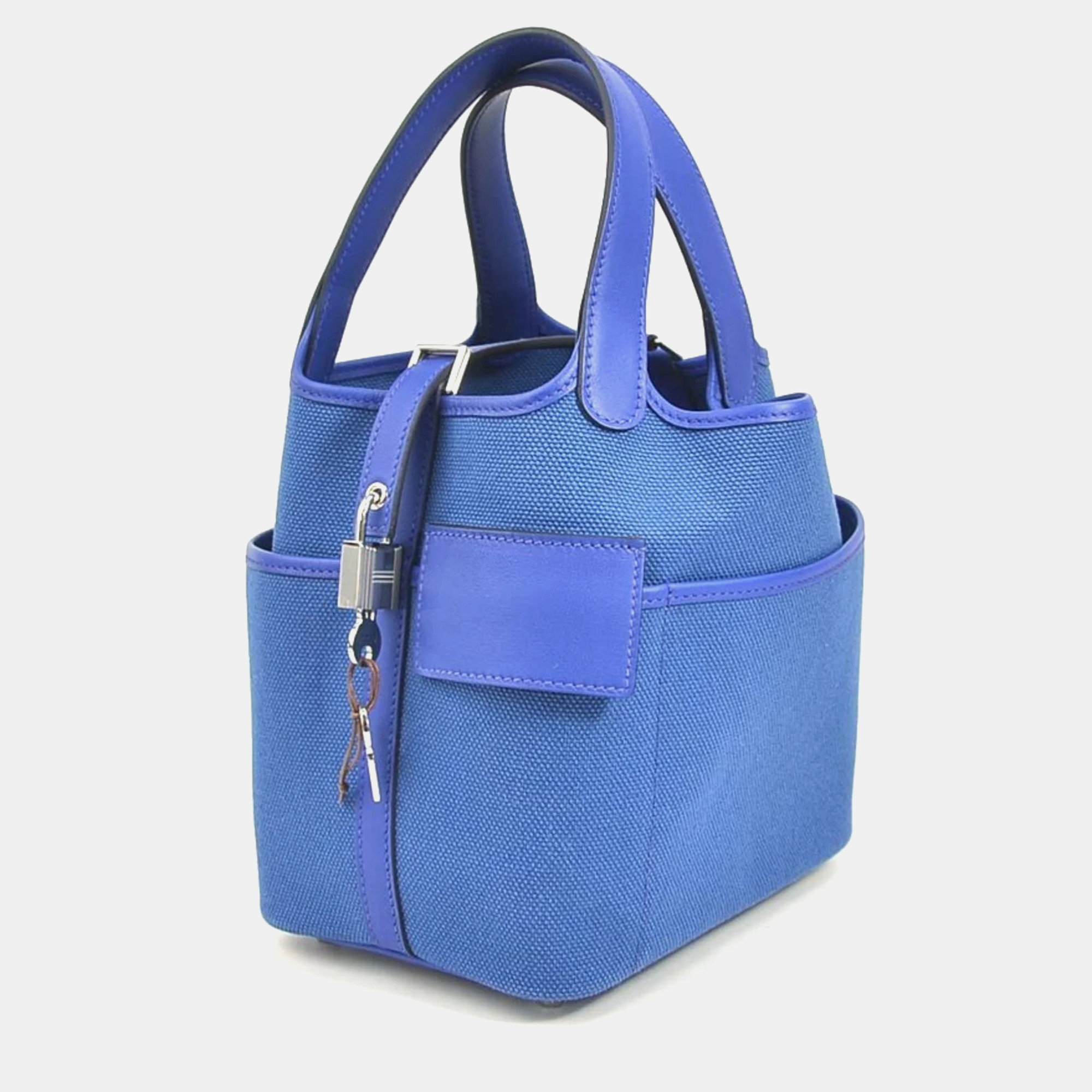 Pre-owned Hermes Handbag Picotan Lock Cargo Pm Toile Ash/vaux Swift Blue Royal Ladies